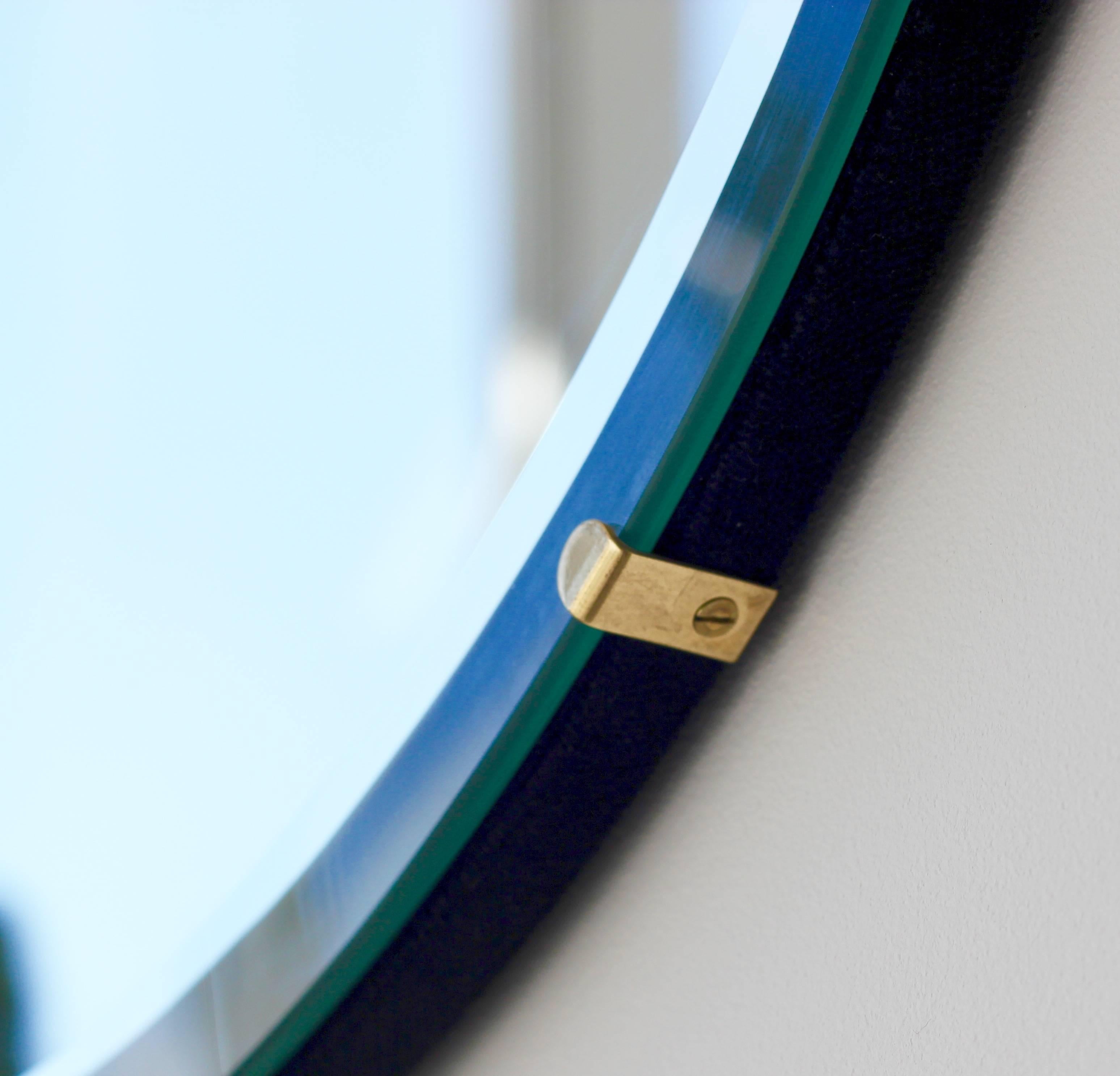 Art Deco Orbis Round Frameless Beveled Mirror with Brass Clips, Medium For Sale