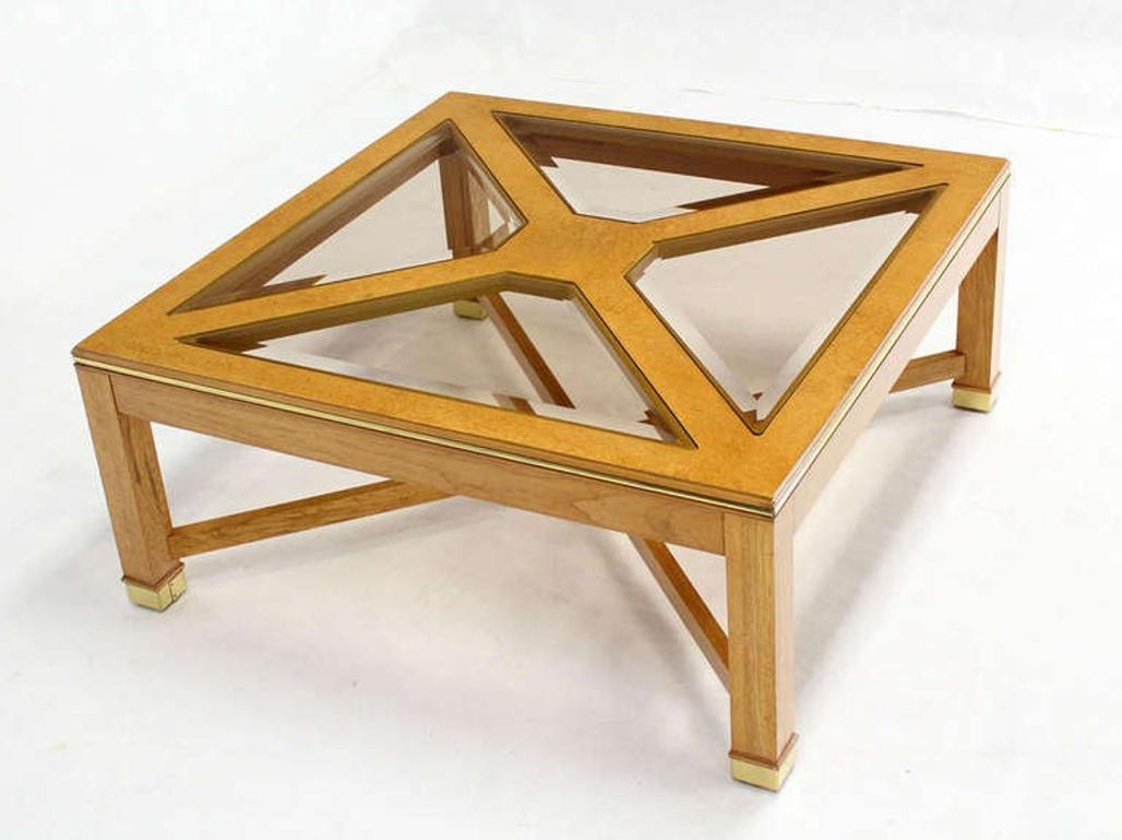 Mid-Century Modern Beveled Smoked Glass Bird's-Eye Maple Brass Square Legs Coffee Table MINT! For Sale