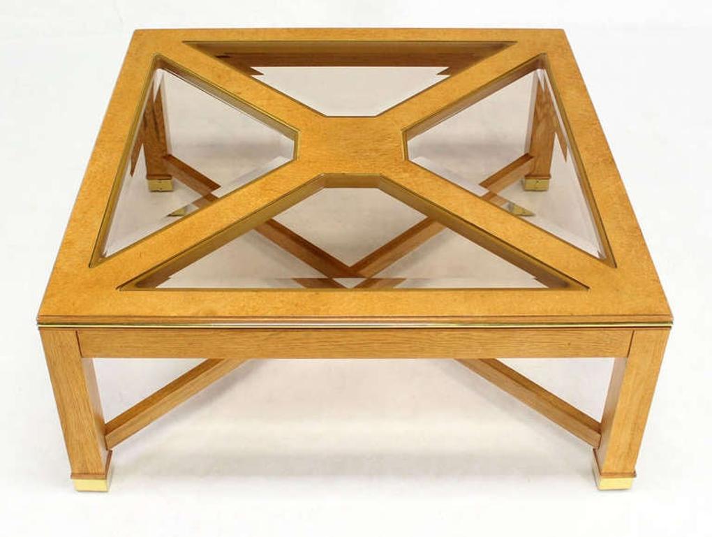 American Beveled Smoked Glass Bird's-Eye Maple Brass Square Legs Coffee Table MINT! For Sale