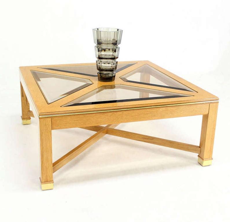 Beveled Smoked Glass Bird's-Eye Maple Brass Square Legs Coffee Table MINT! For Sale 4