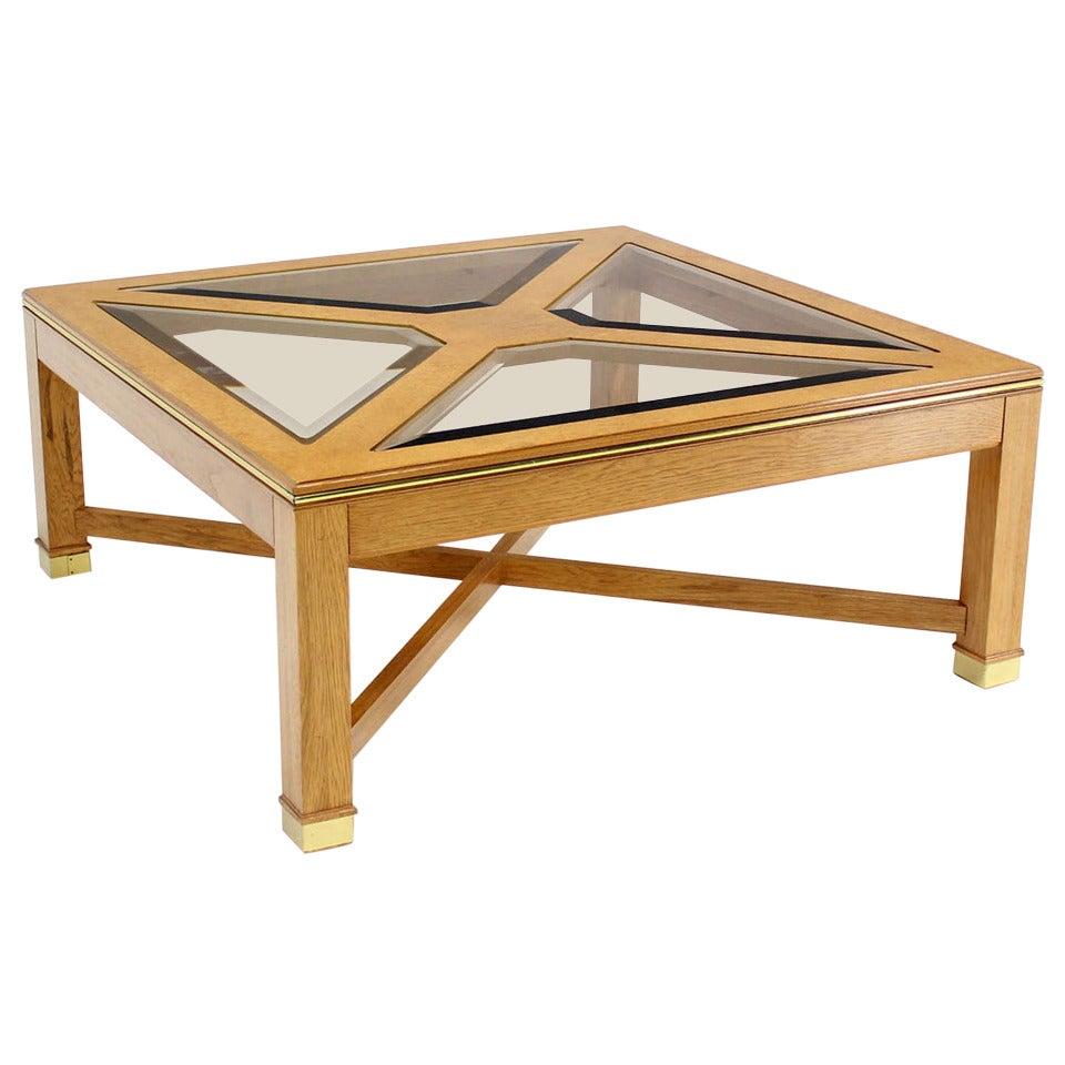 Beveled Smoked Glass Bird's-Eye Maple Brass Square Legs Coffee Table MINT! For Sale
