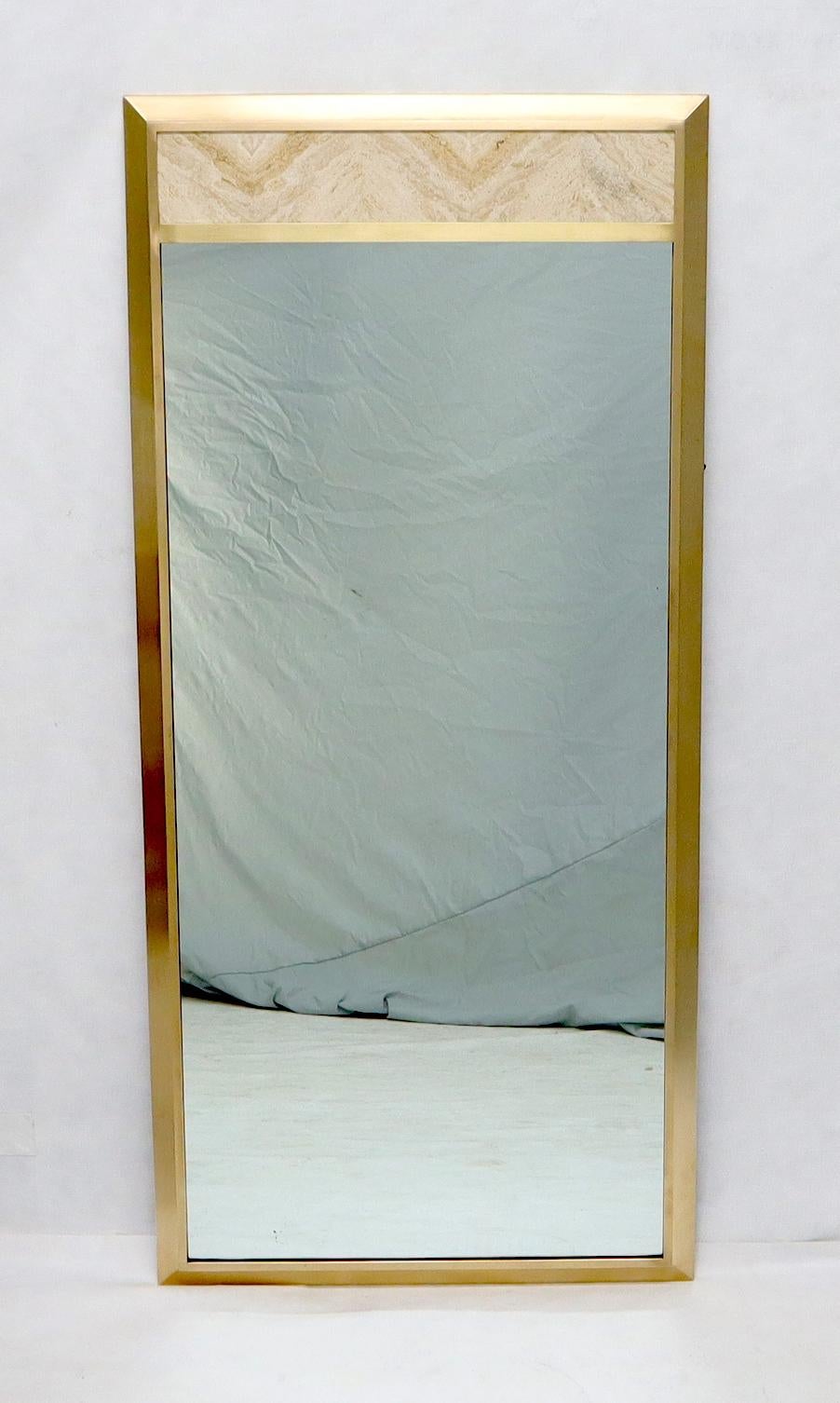 American Beveled Solid Brass Travertine Insert Frame Mid-Century Modern Wall Mirror For Sale
