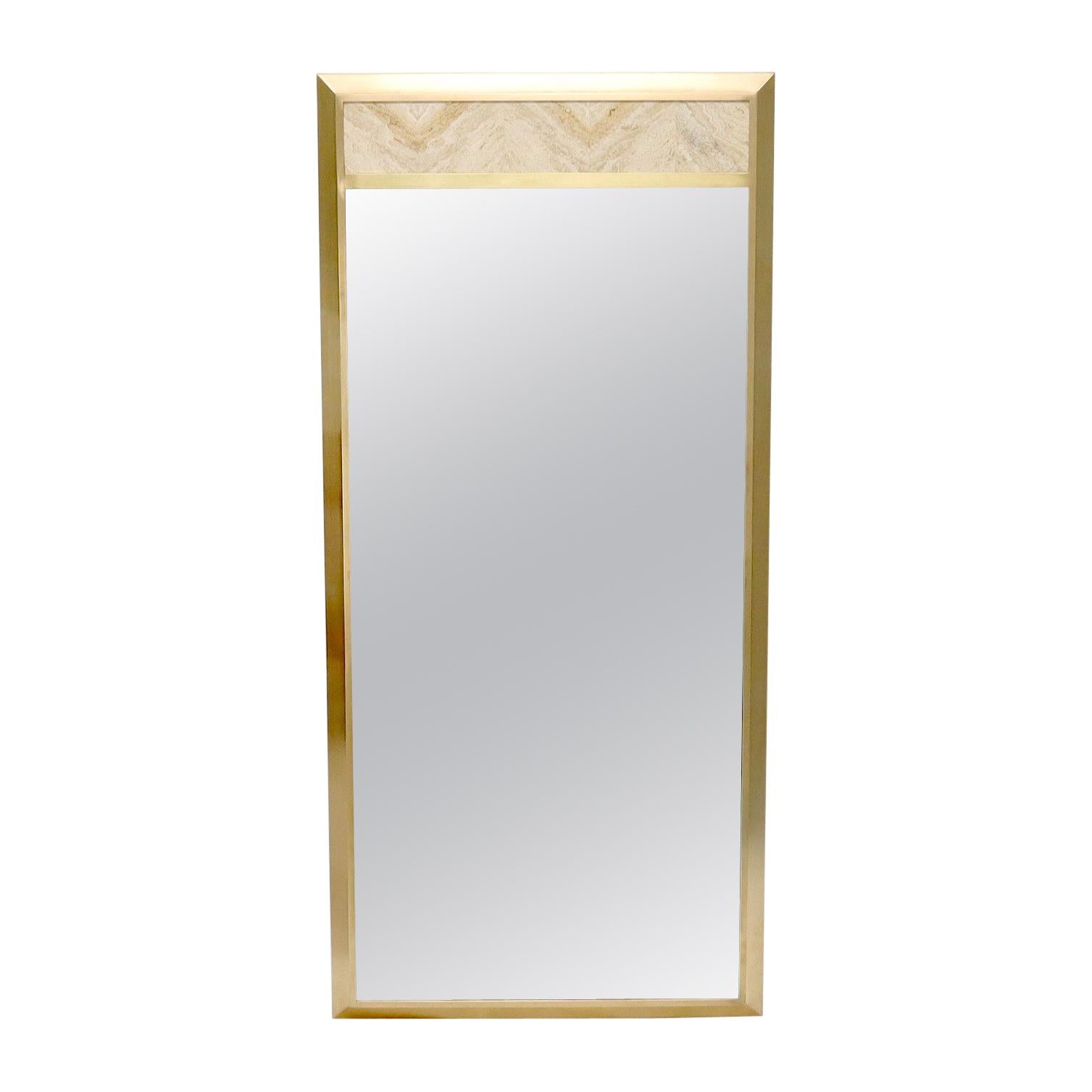 Beveled Solid Brass Travertine Insert Frame Mid-Century Modern Wall Mirror For Sale
