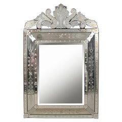 Beveled Venetian Mirror with Foliate Crest and Reverse Etching