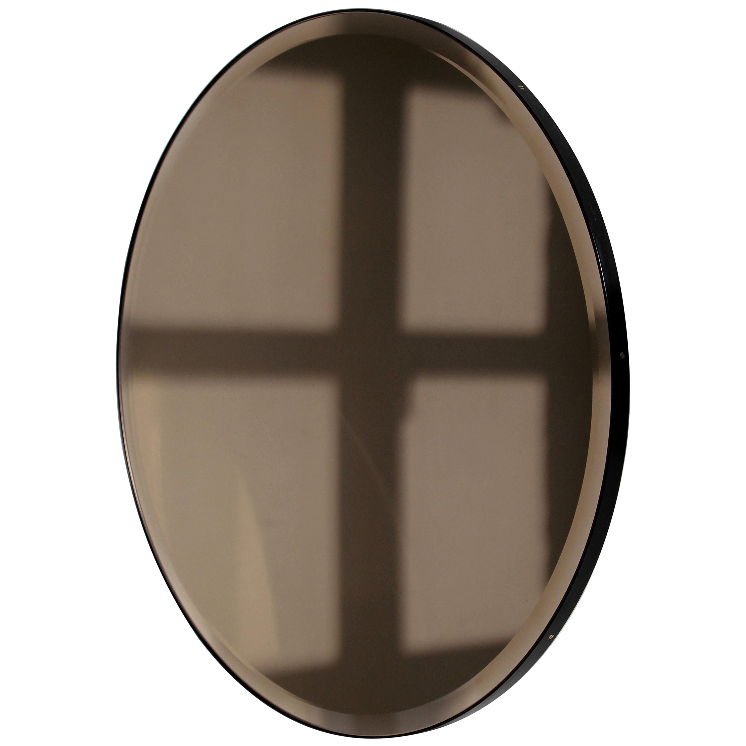 Orbis Bronze Tinted Round Beveled Art Deco Mirror with a Black Frame, Small For Sale