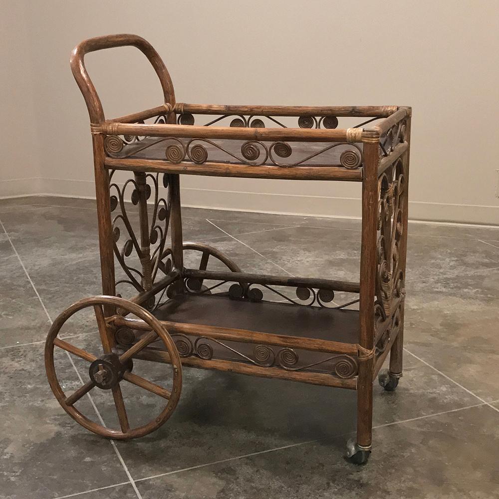 Mid-Century Modern Beverage Cart, Midcentury, in Bamboo & Rattan