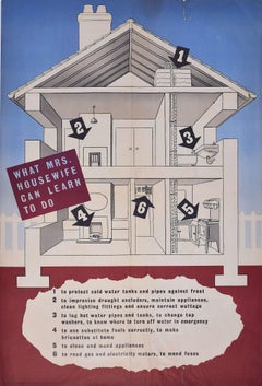 Affiche de la Seconde Guerre mondiale sur l'économie du charbon "What Mrs Housewife Can Learn" (Ce que Mme Housewife peut apprendre) par Beverley Pick