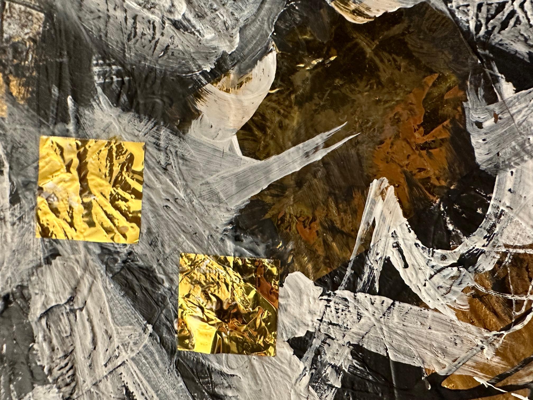Goldenes Diptychon – Abstraktes Gemälde von Beverly Bigwood im Angebot 1
