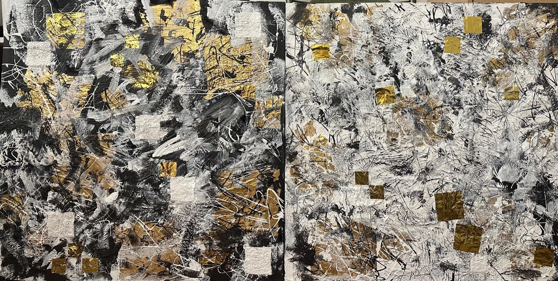 Goldenes Diptychon – Abstraktes Gemälde von Beverly Bigwood