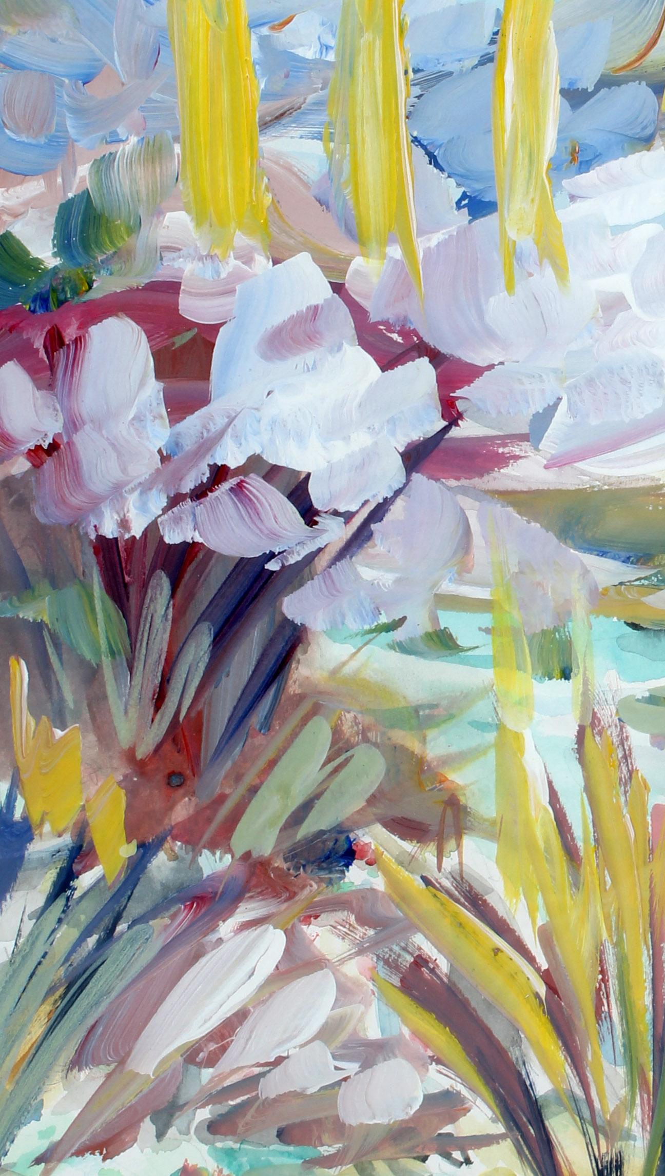 Vibrant Modernist Landscape by Beverly Erschell — Oil on Board in Carved Frame For Sale 2