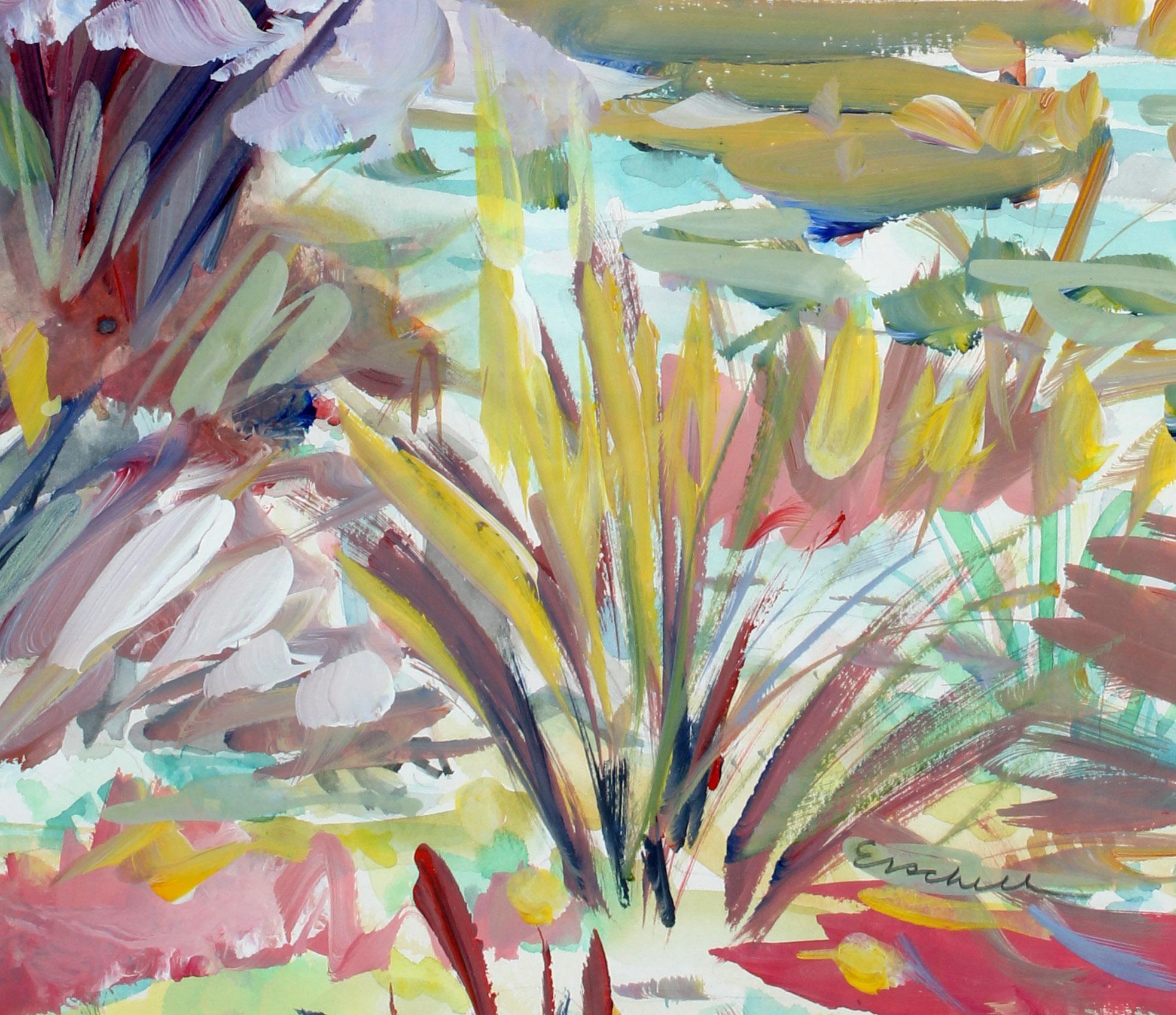 Vibrant Modernist Landscape by Beverly Erschell — Oil on Board in Carved Frame For Sale 3