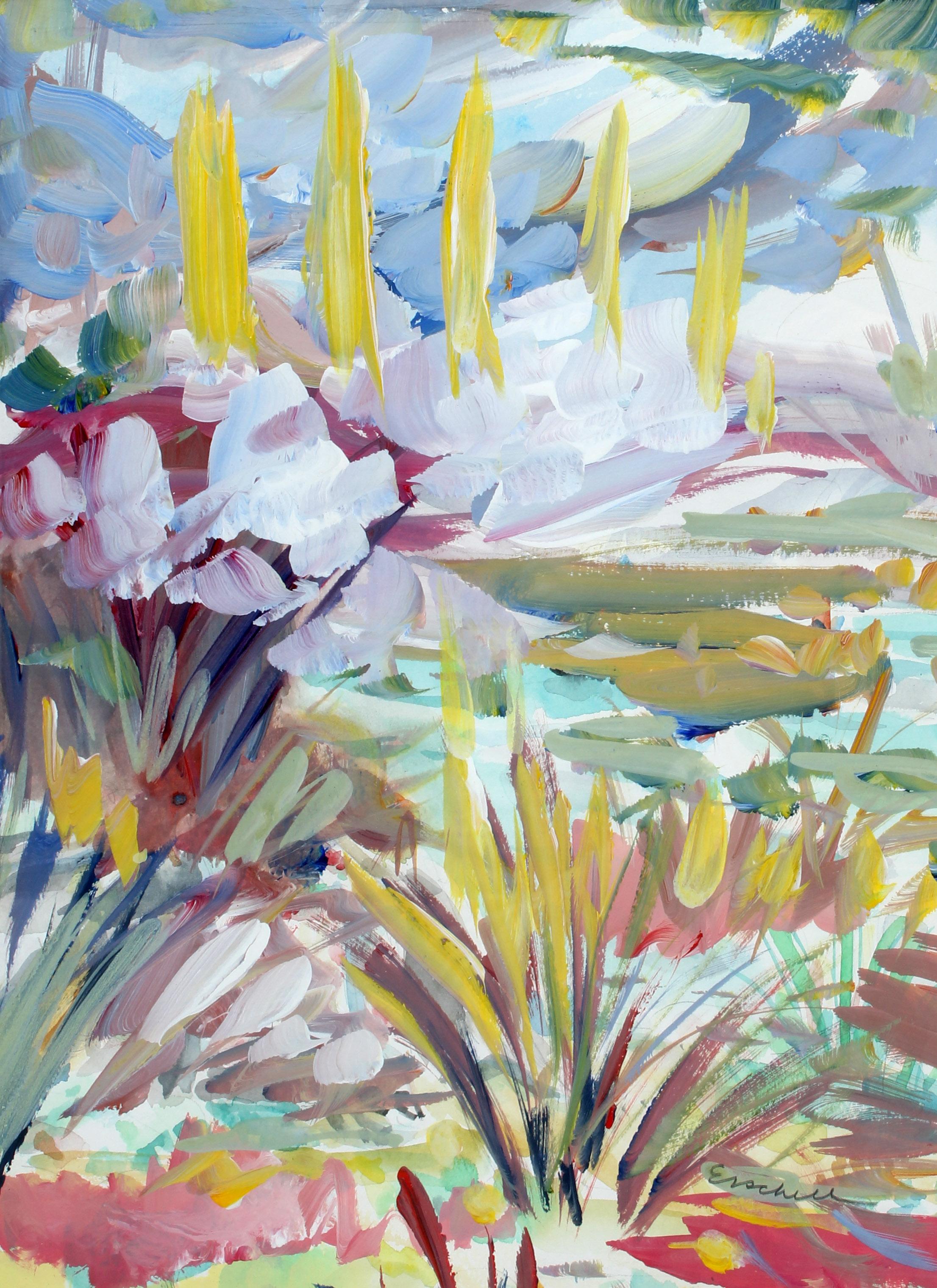 Vibrant Modernist Landscape by Beverly Erschell — Oil on Board in Carved Frame For Sale 4
