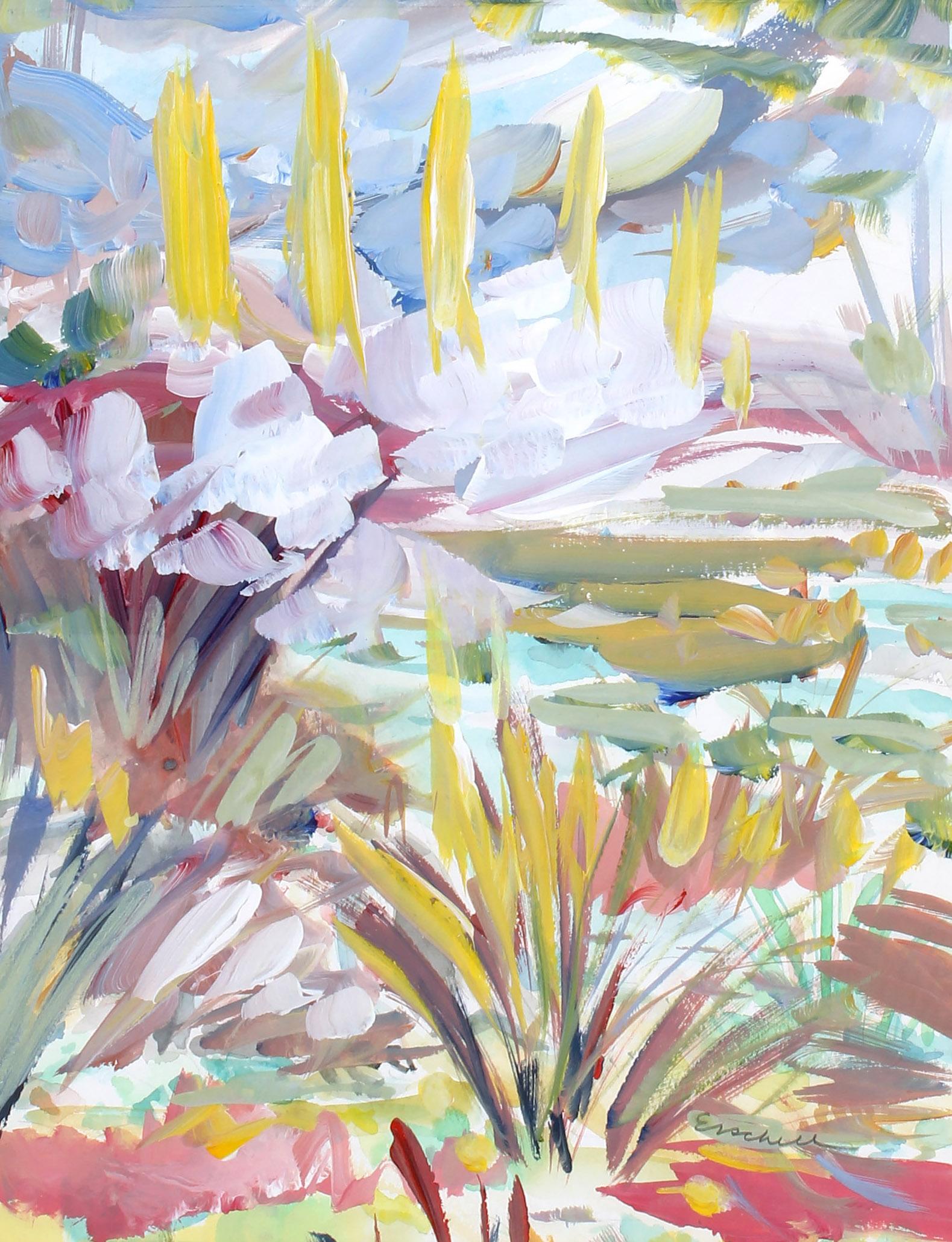 Vibrant Modernist Landscape by Beverly Erschell — Oil on Board in Carved Frame For Sale 5