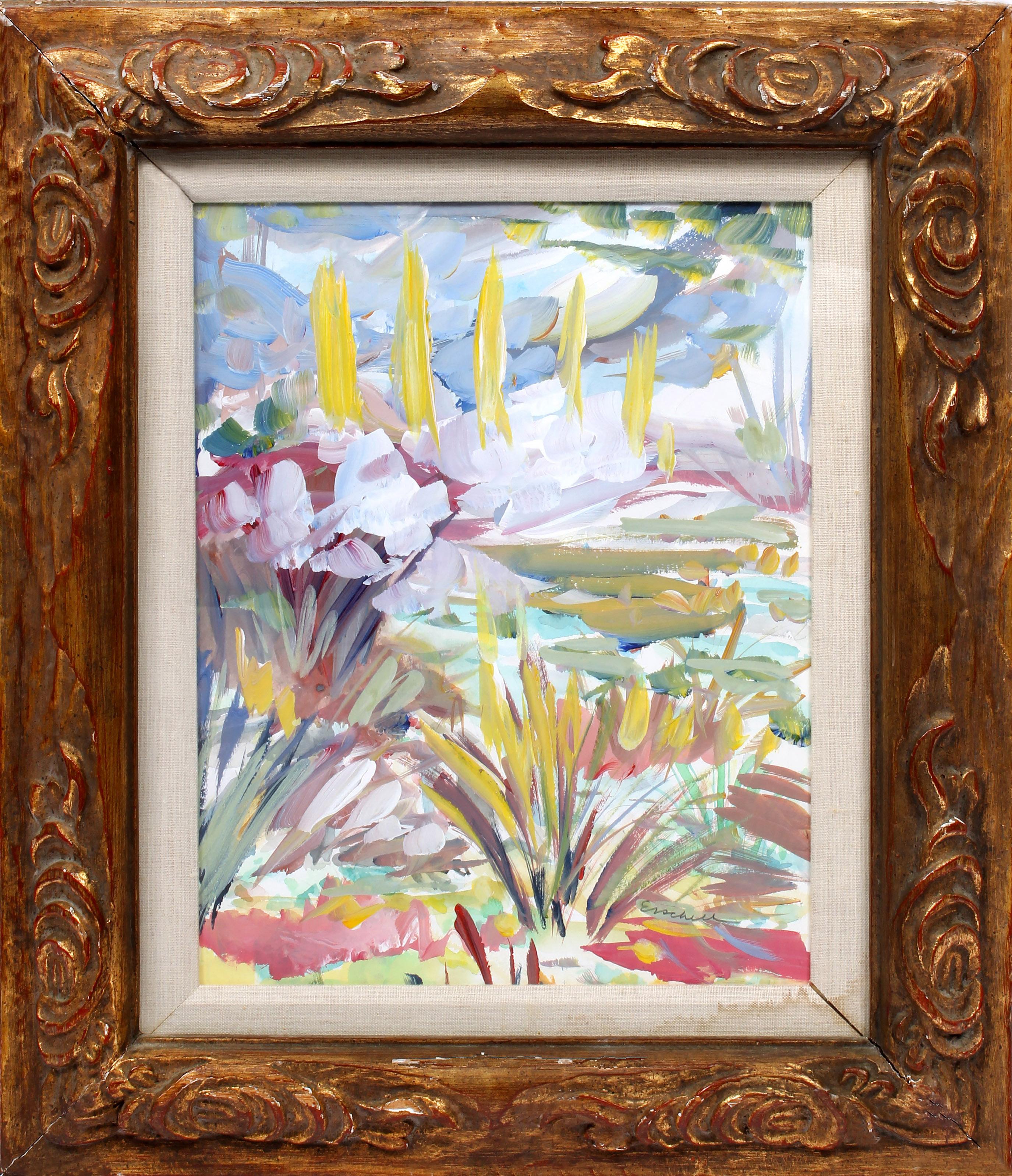 Vibrante paisaje modernista de Beverly Erschell - Óleo sobre tabla en marco tallado