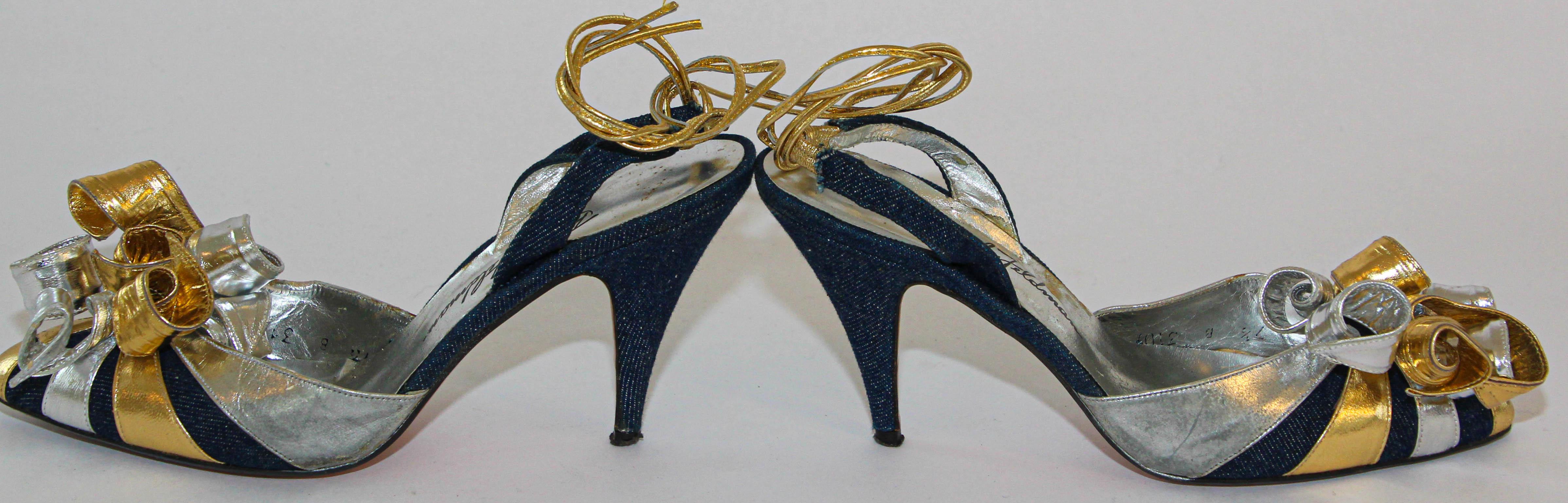 Beverly Feldman Metallic Slingback Ankle-Tie Leather Spirals 1980  en vente 7