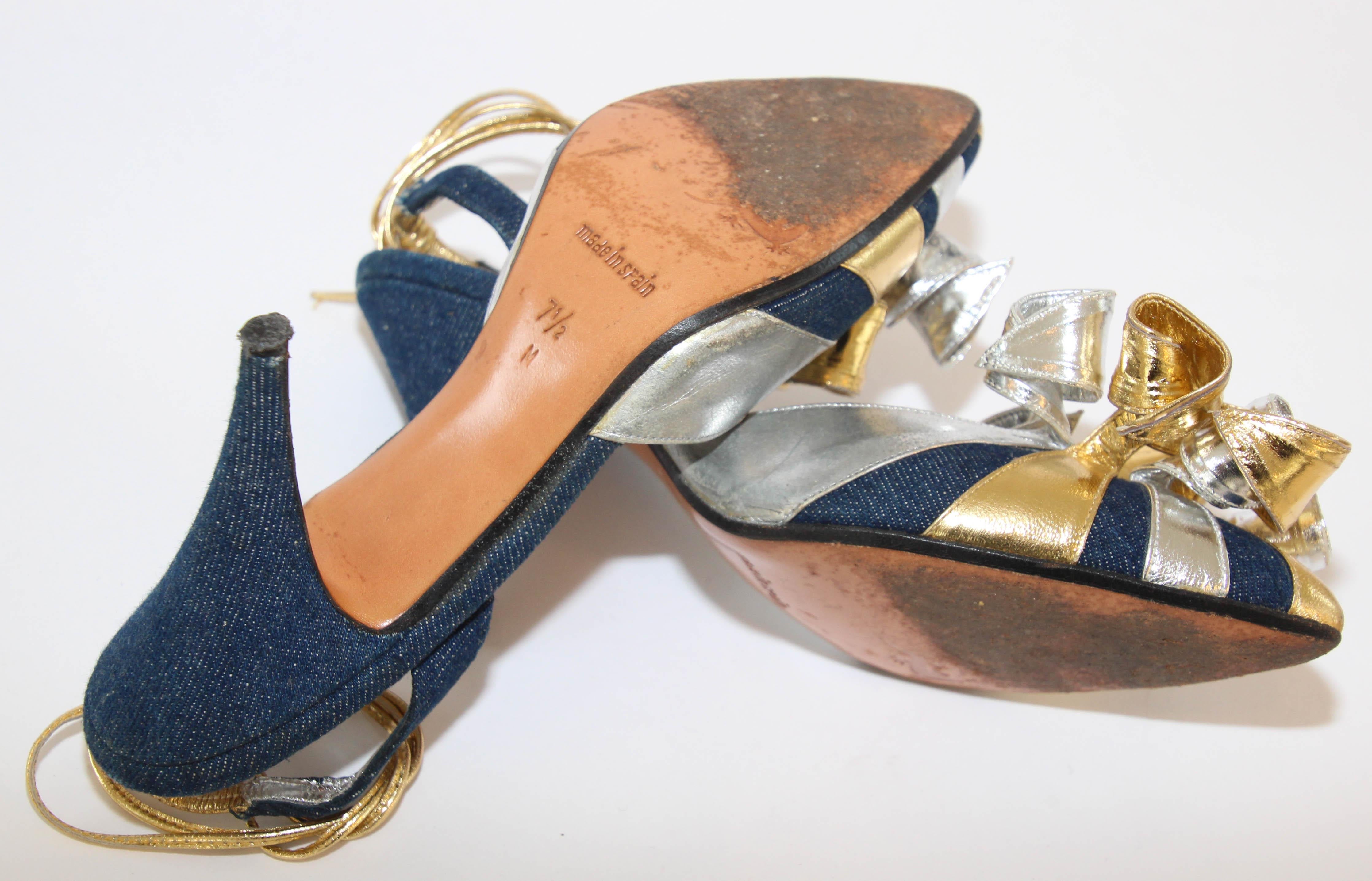 Beverly Feldman Metallic Slingback Ankle-Tie Leather Spirals 1980  en vente 8