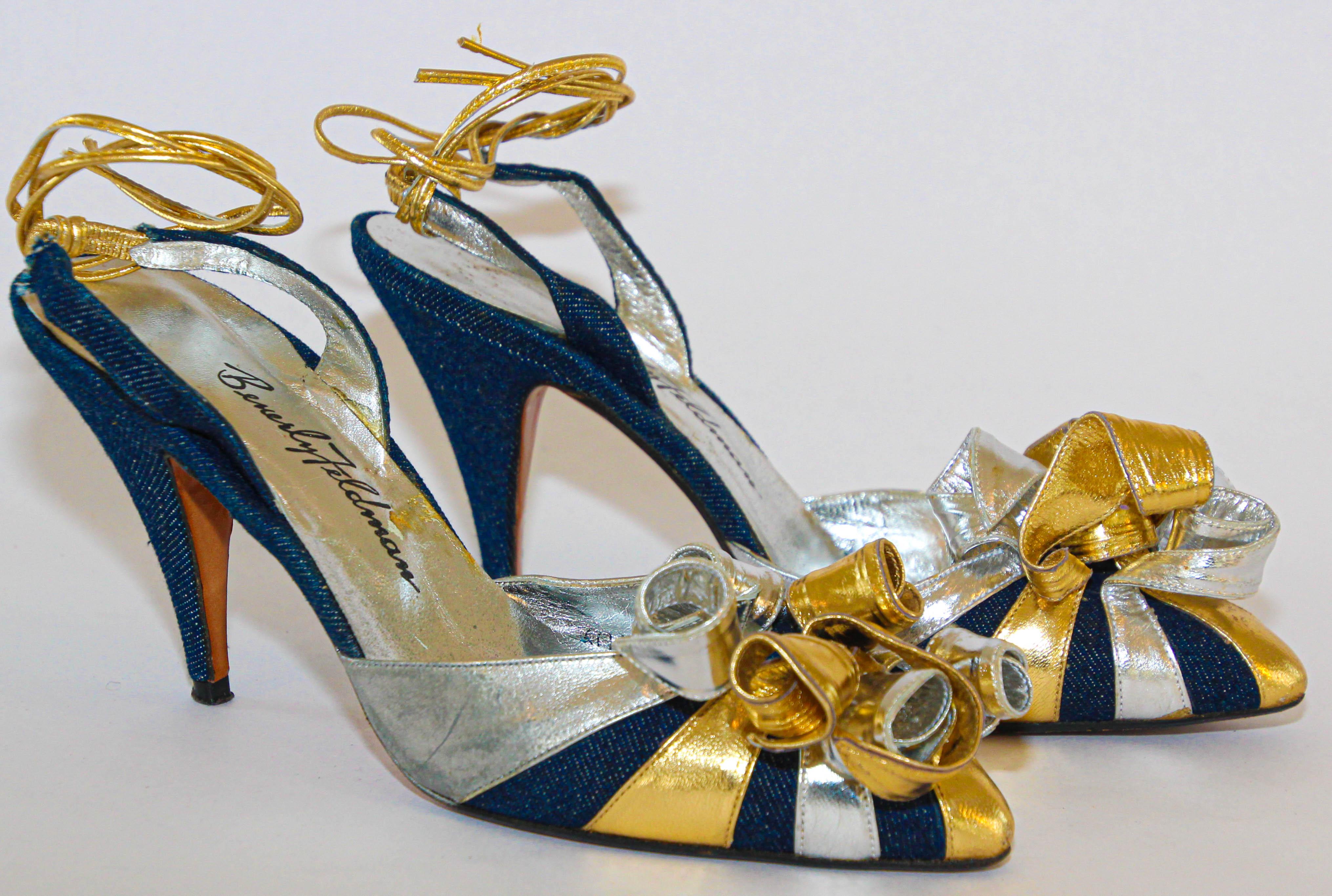 Vintage 1980s Beverly Feldman Metallic Leather Slingback Ankle-Tie with Leather Spirals in blue denim and silver and gold metallic.
Fabulous 1980s Beverly Feldman gold and silver metallic leather statement shoes.
Beverly Feldman metallic foil