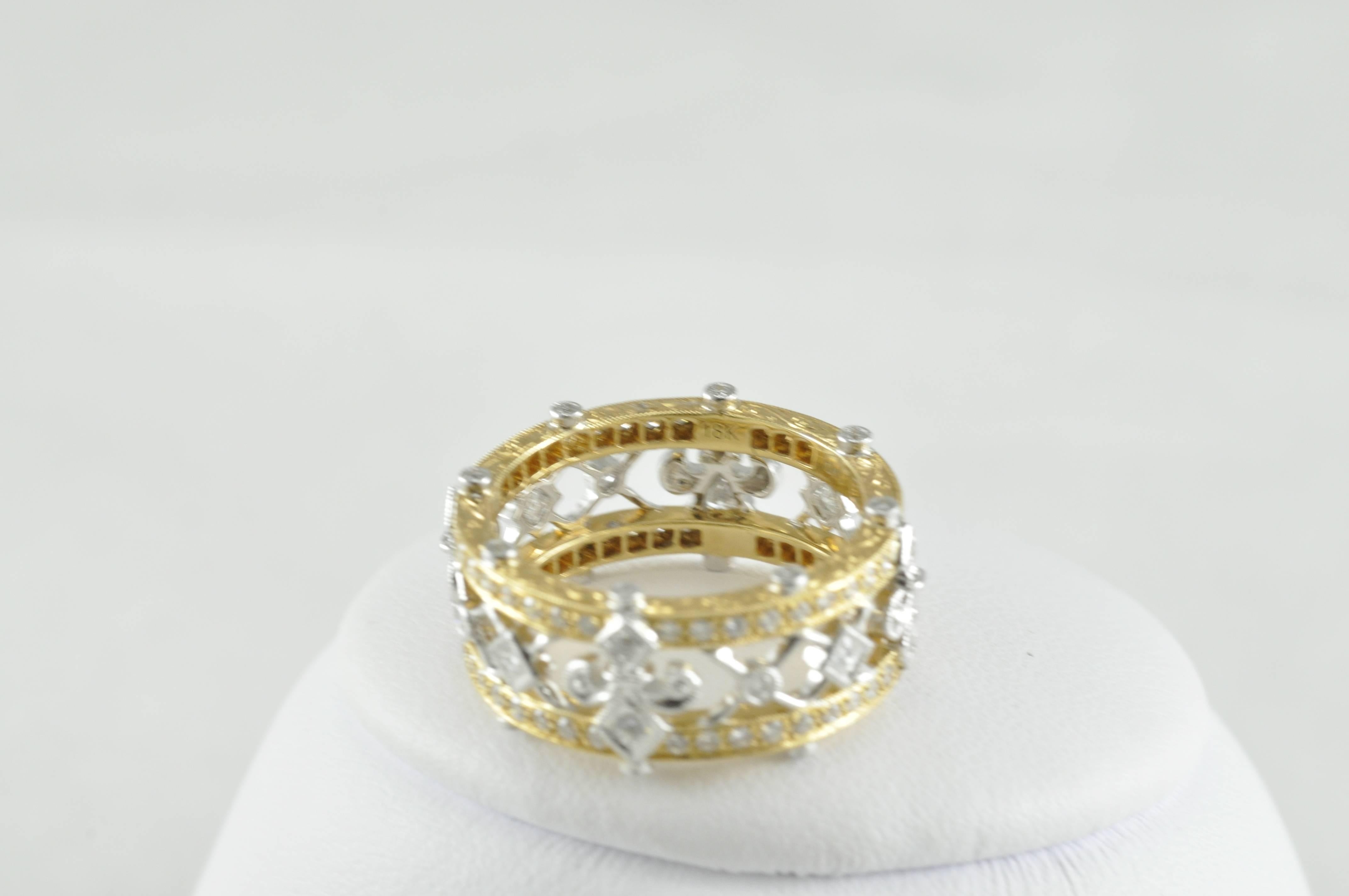 18k White and Yellow Gold from Award Winning Designer Beverly K.  This ring has .79CTW Diamonds.  Current Size is 7.  The ring is stamped bkc, 18K and BK