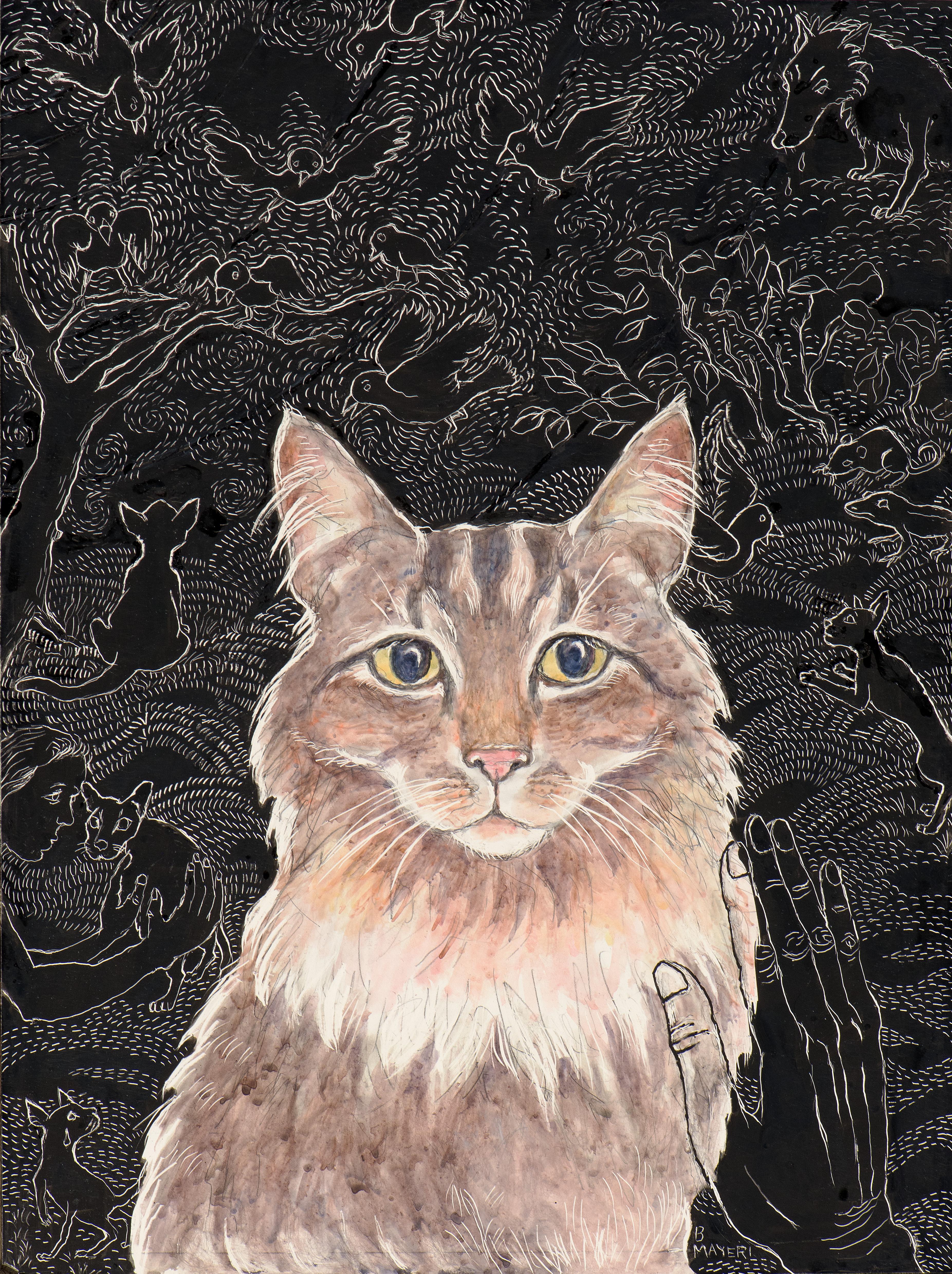 Beverly Mayeri Figurative Painting - "Outdoor Cat", Contemporary, Mixed Media, Illustration, Clayboard, Acrylic