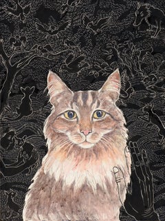 "Katze im Freien", Zeitgenössisch, Mischtechnik, Illustration, Tonkarton, Acryl