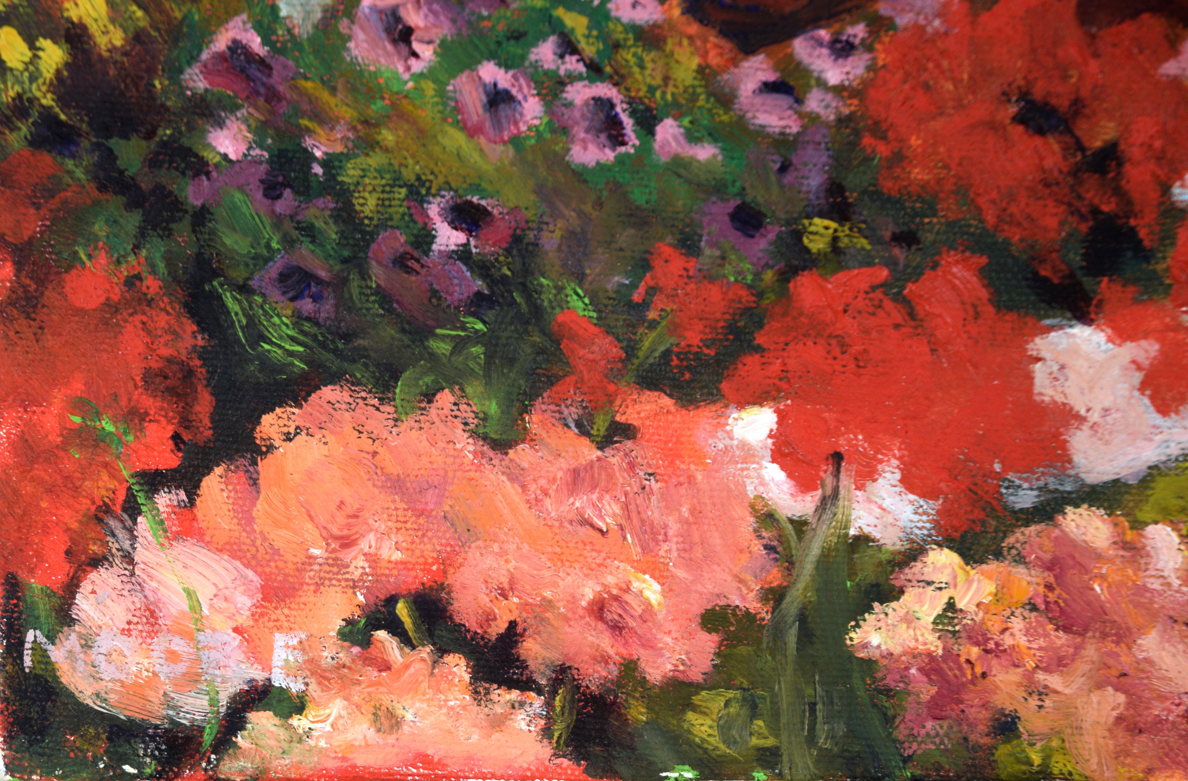 „In the Market“ Lebendige und impressionistische Frühlingssszene (Braun), Landscape Painting, von Beverly Moore