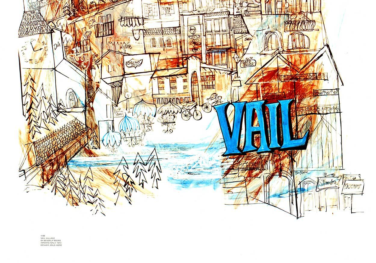 Original 1973 Vail Village Colorado vintage travel and skiing poster - American Modern Print by Beverly Moore