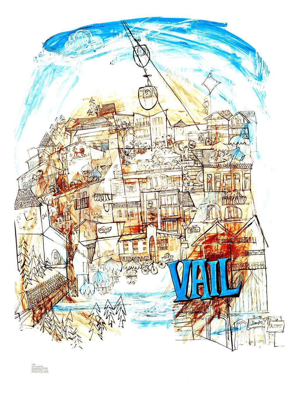 Póster vintage original de 1973 sobre viajes y esquí en Vail Village, Colorado