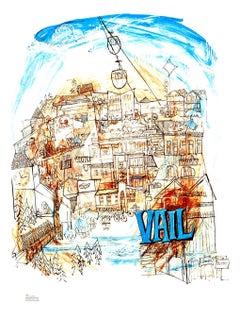 Póster vintage original de 1973 sobre viajes y esquí en Vail Village, Colorado