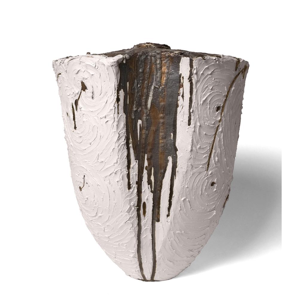 Vessel in White and Gold - No 120, Abstract Ceramic Sculpture, 2022
15" x 12" x 10.5" (HxWxD)

This clay vase features an outward-sloping tall, bowl shape that is textured throughout with swirling grooves in the white clay walls. Looking down at the