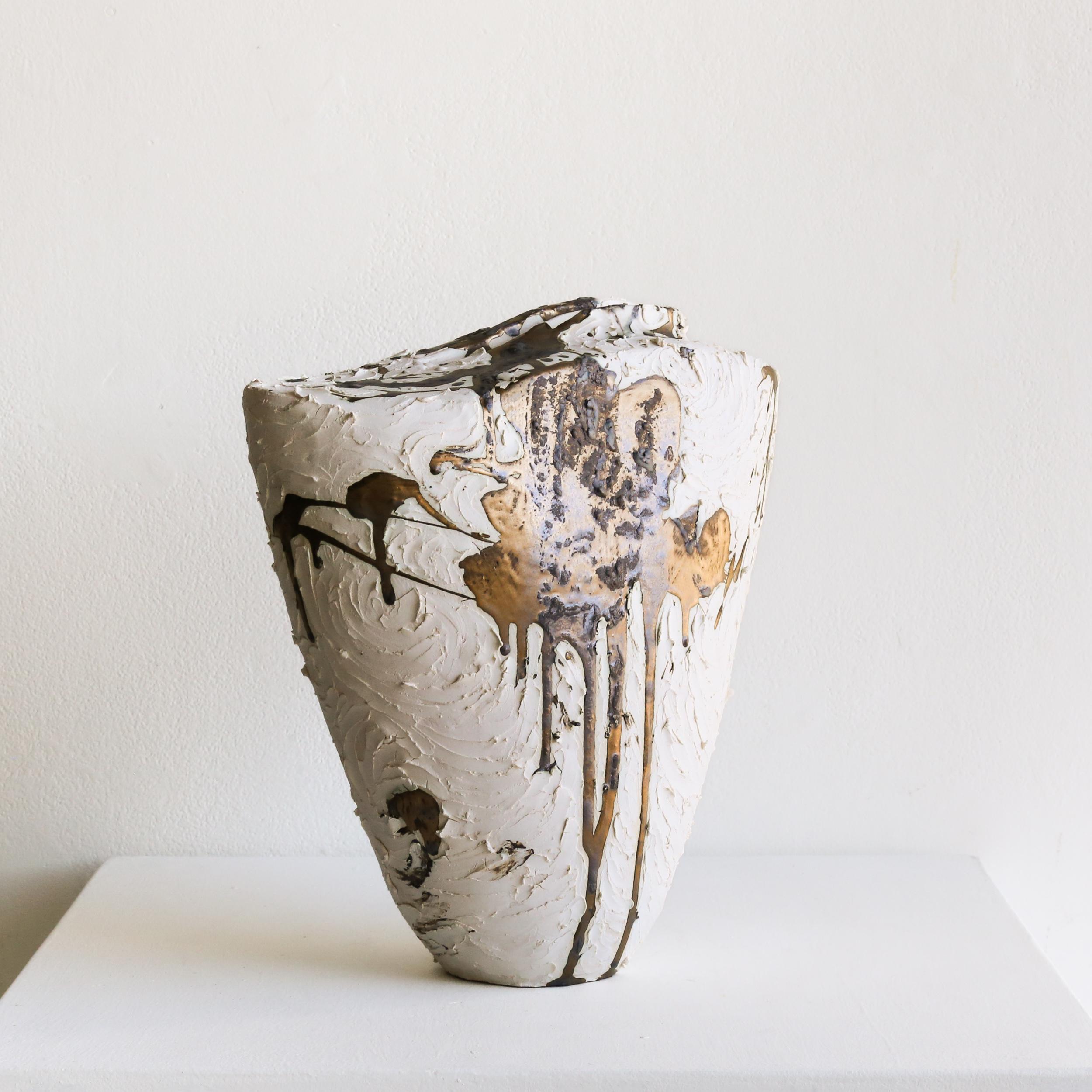 White And Gold Vessel No 123 - Abstract Sculpture by Beverly Morrison