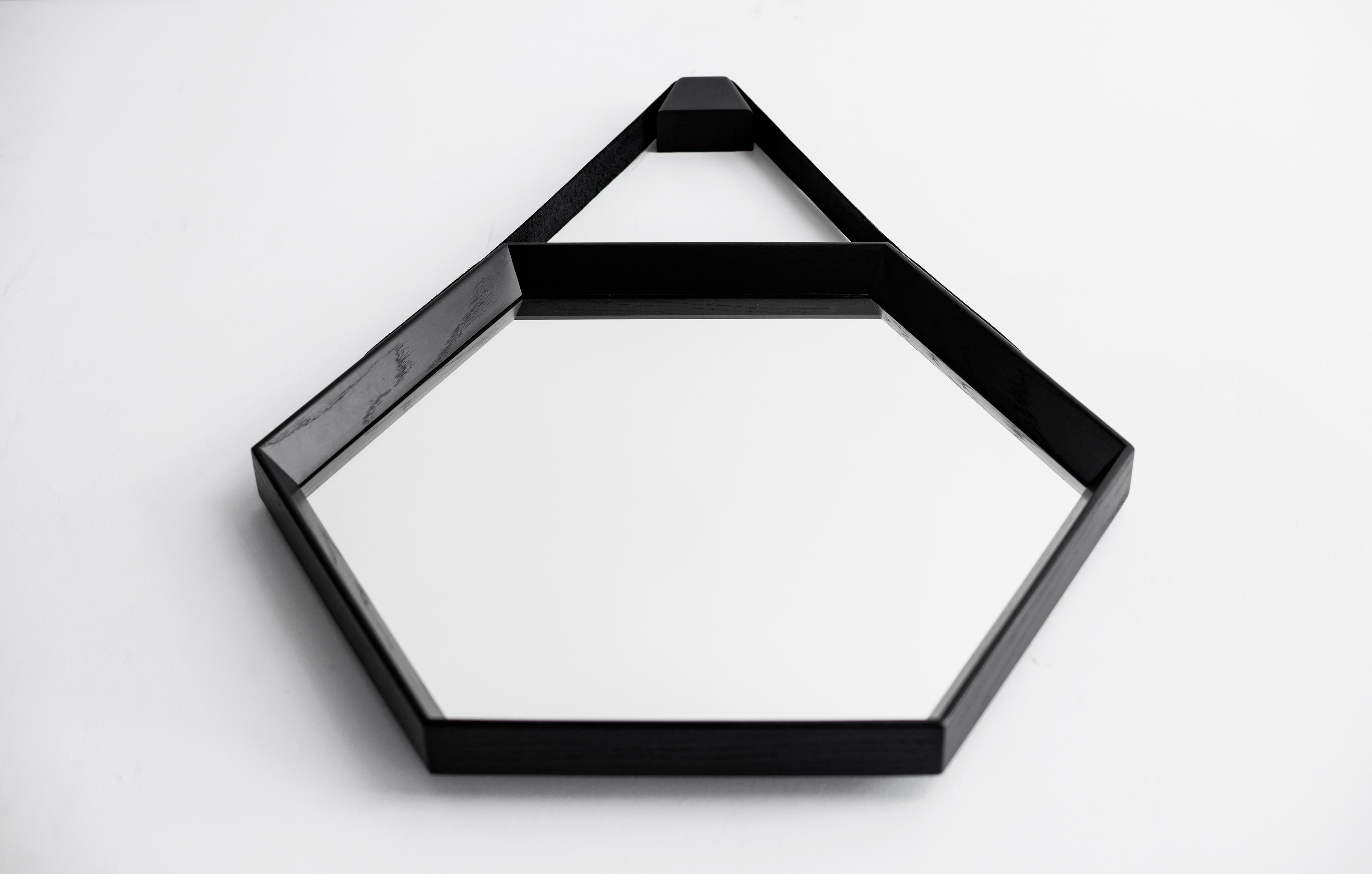Beverly Oak and Leather Hexagon Mirror by Orange Los Angeles In Excellent Condition For Sale In Beverly Hills, CA