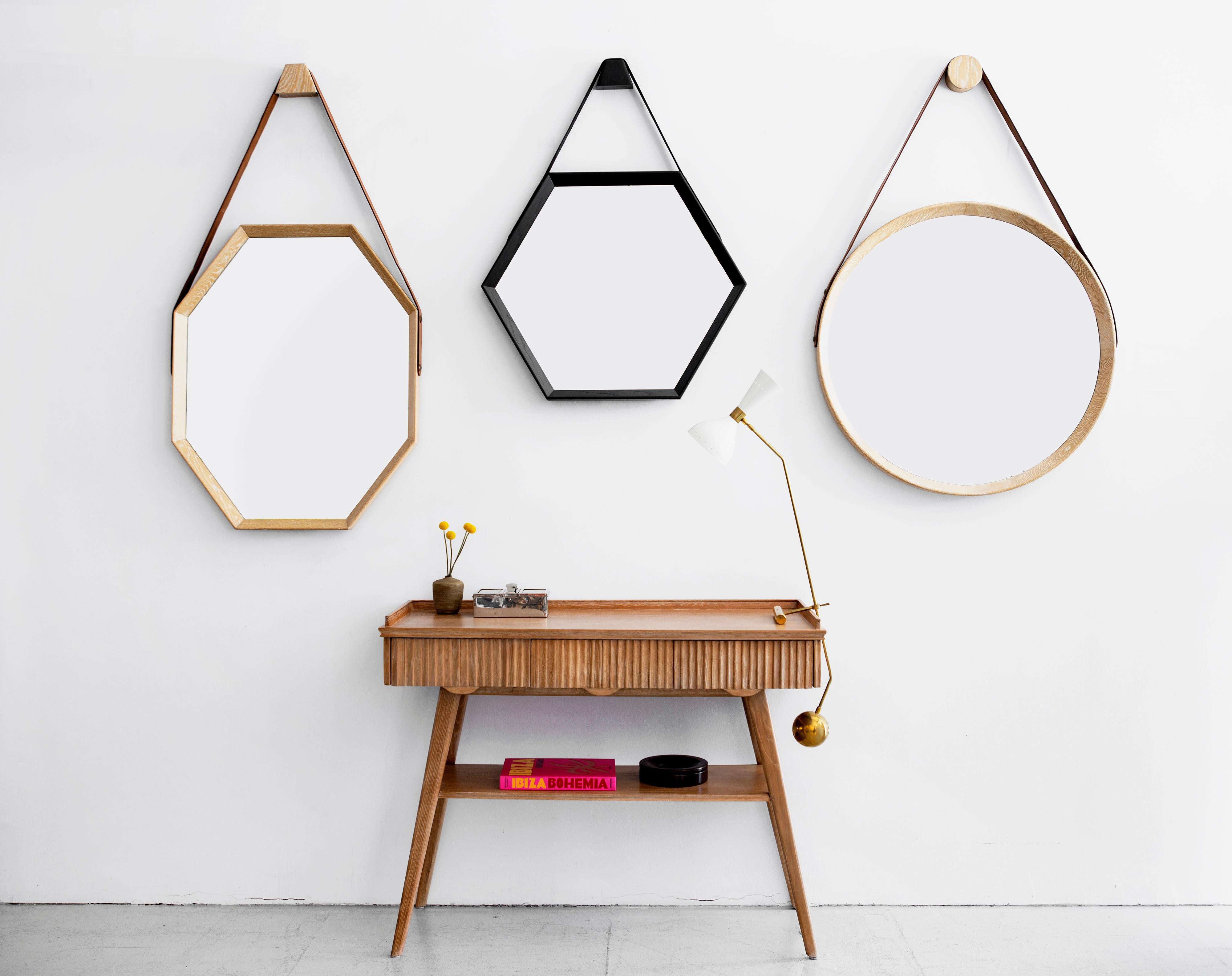Contemporary Beverly Oak and Leather Hexagon Mirror by Orange Los Angeles For Sale