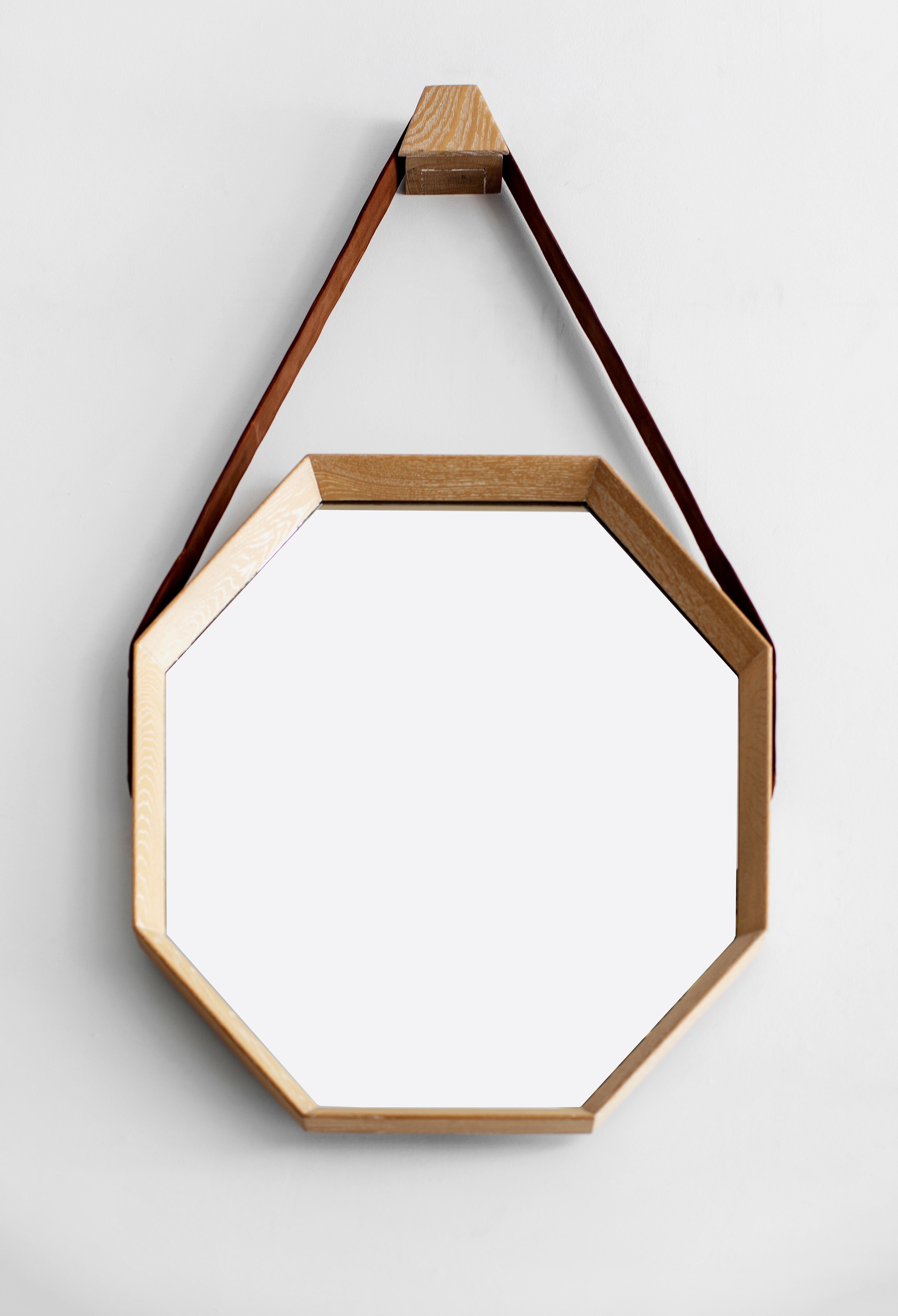 Contemporary Beverly Oak and Leather Octagon Mirror by Orange Los Angeles For Sale