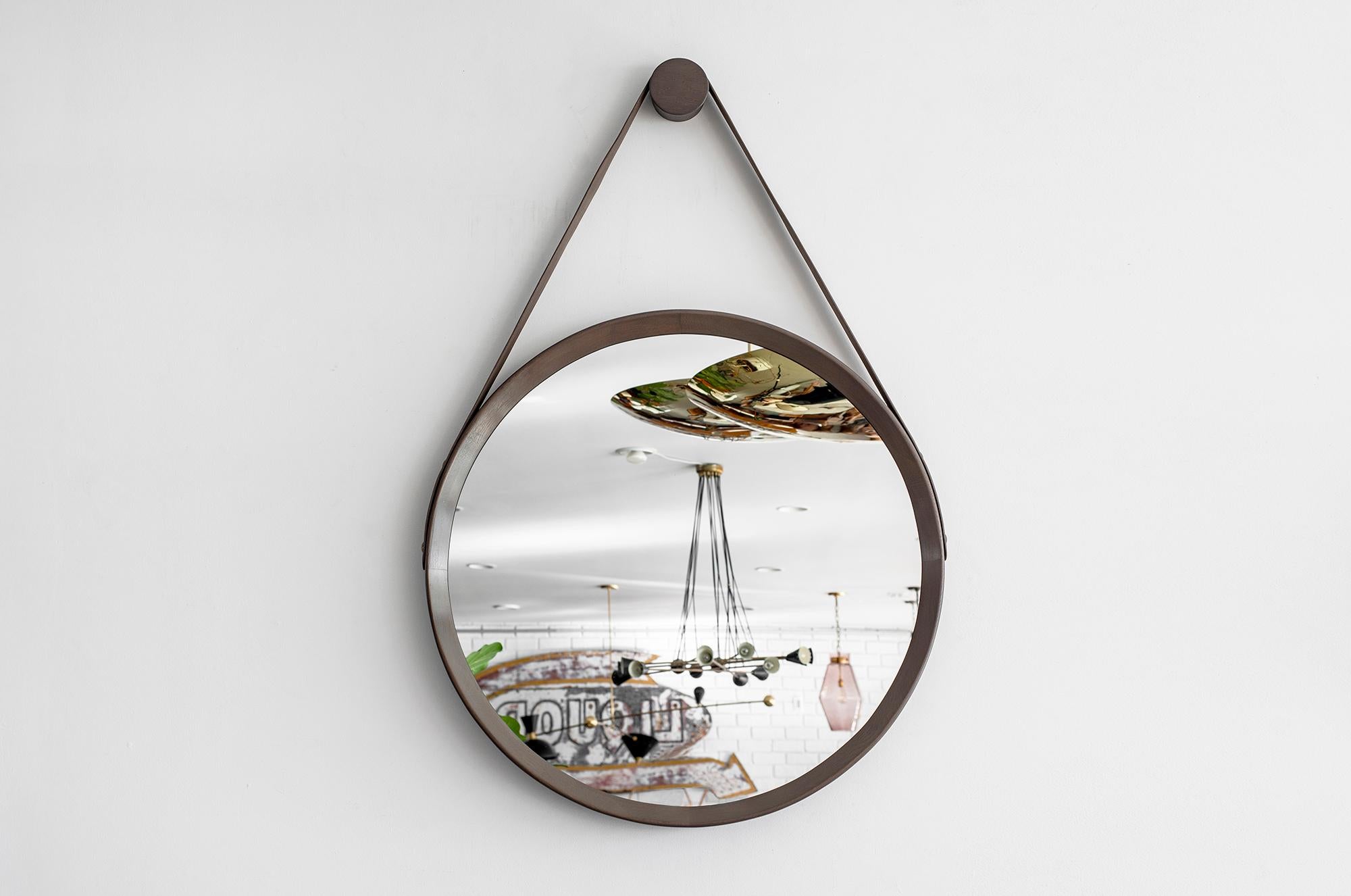 Contemporary Beverly Oak and Leather Round Mirror, Grey Cerused For Sale
