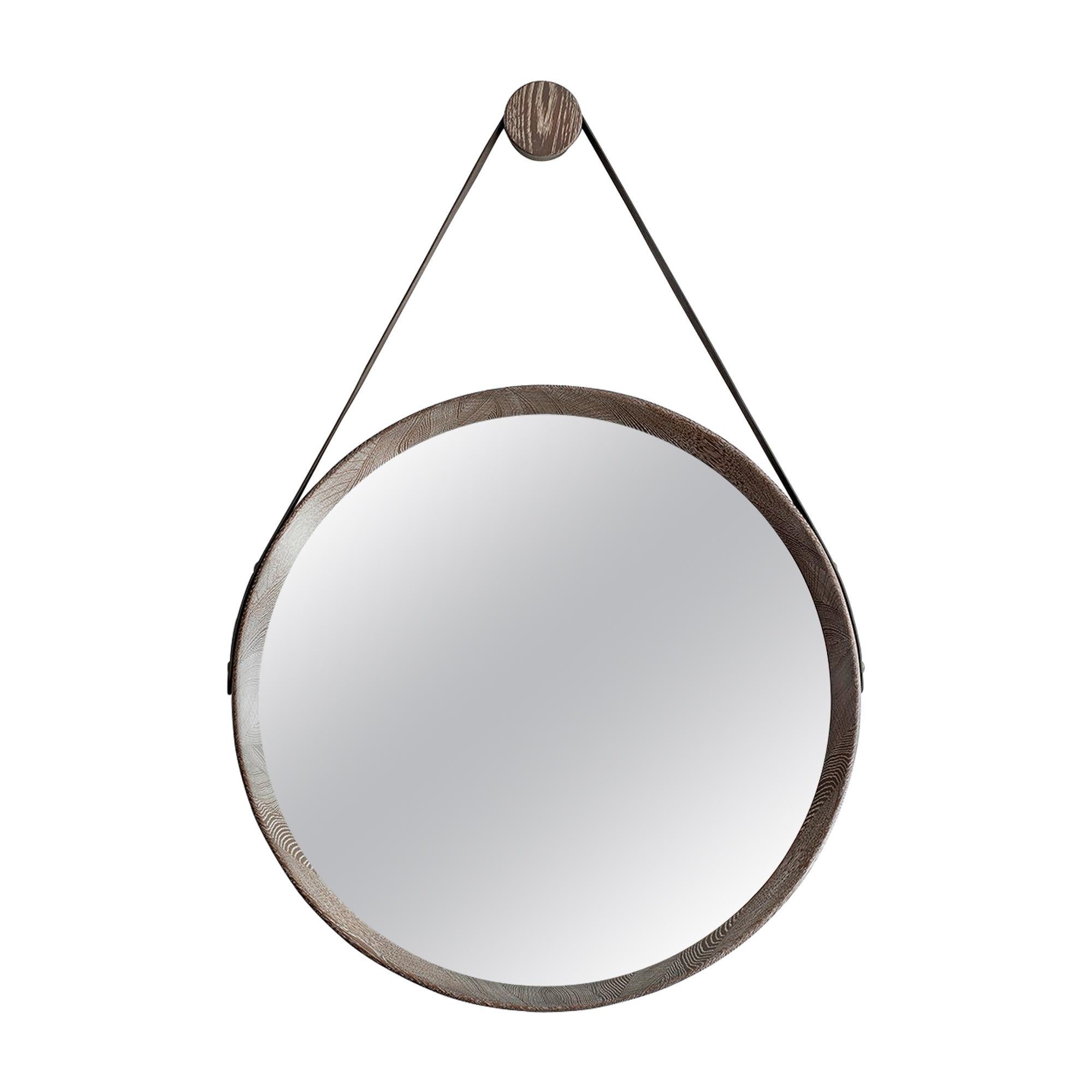Beverly Oak and Leather Round Mirror, Grey Cerused