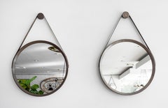 Beverly Oak and Leather Round Mirror, Stone Grey