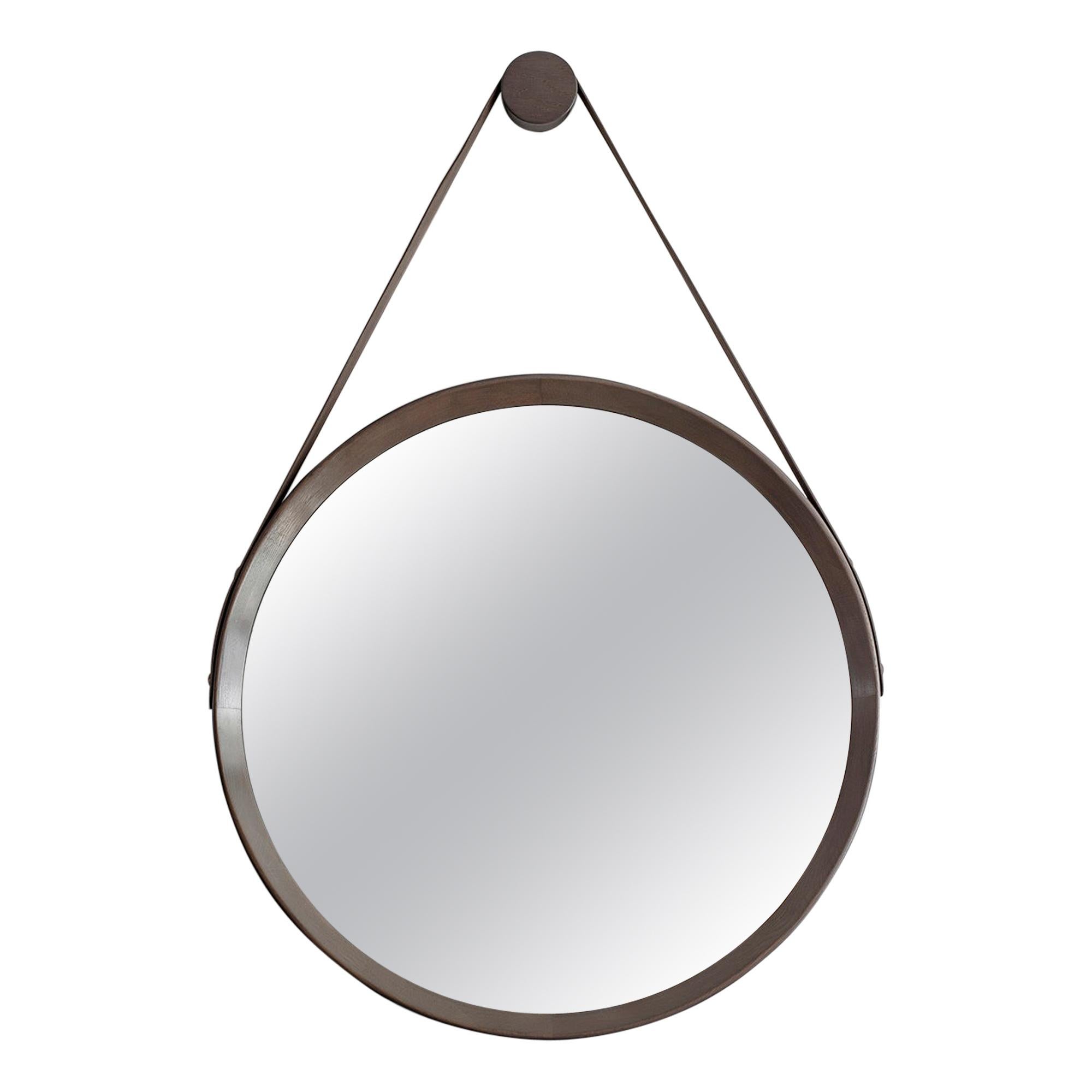 Beverly Oak and Leather Round Mirror, Stone Grey For Sale