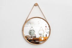Beverly Oak and Leather Round Mirror, Cerused
