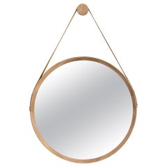 Beverly Oak and Leather Round Mirror, Cerused