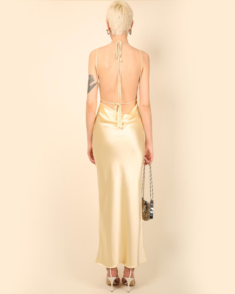 Bevza satin silk floor length backless halter neck maxi yellow slip