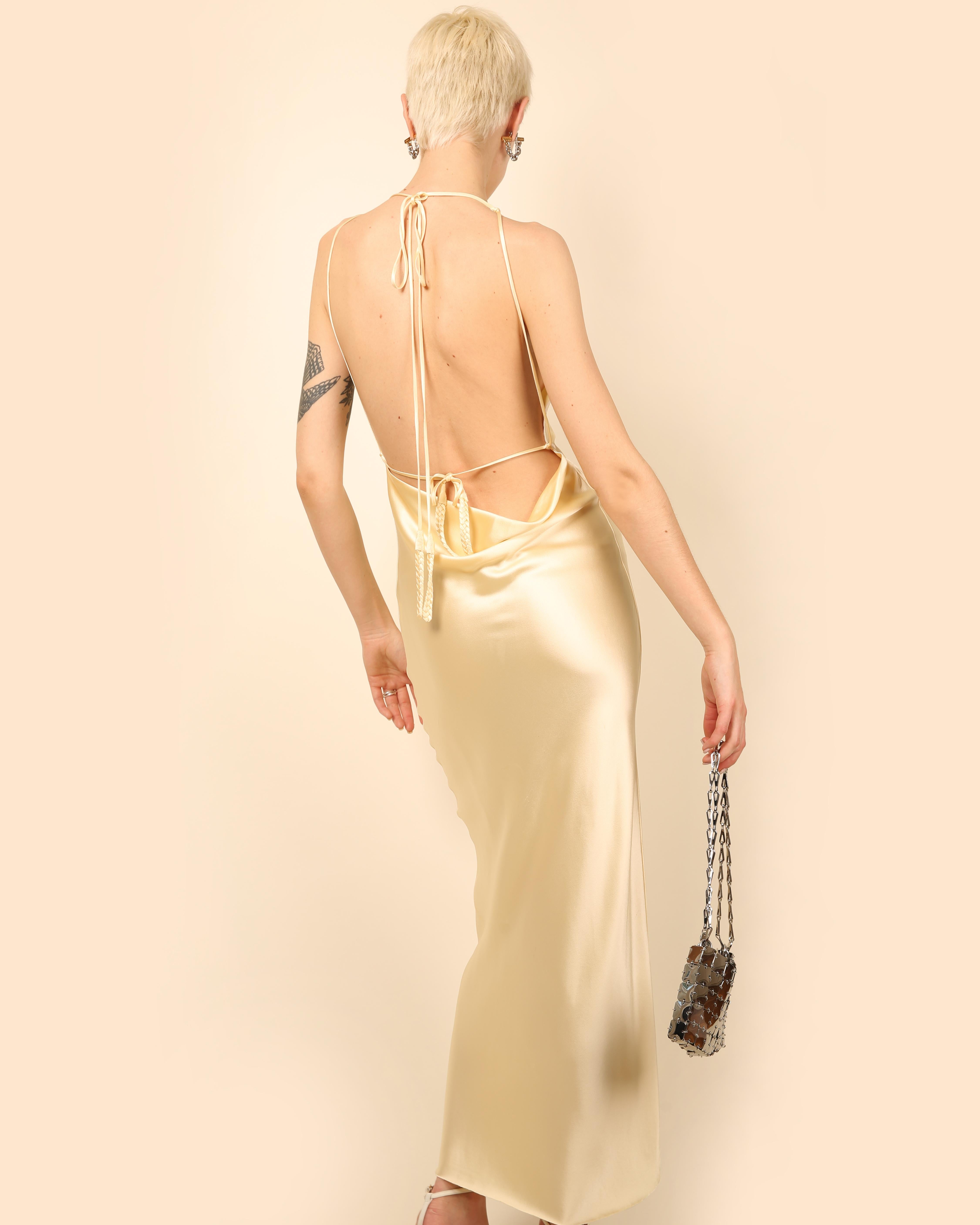Bevza satin silk floor length backless halter neck maxi yellow slip dress gown In Excellent Condition In Milano, Lombardia