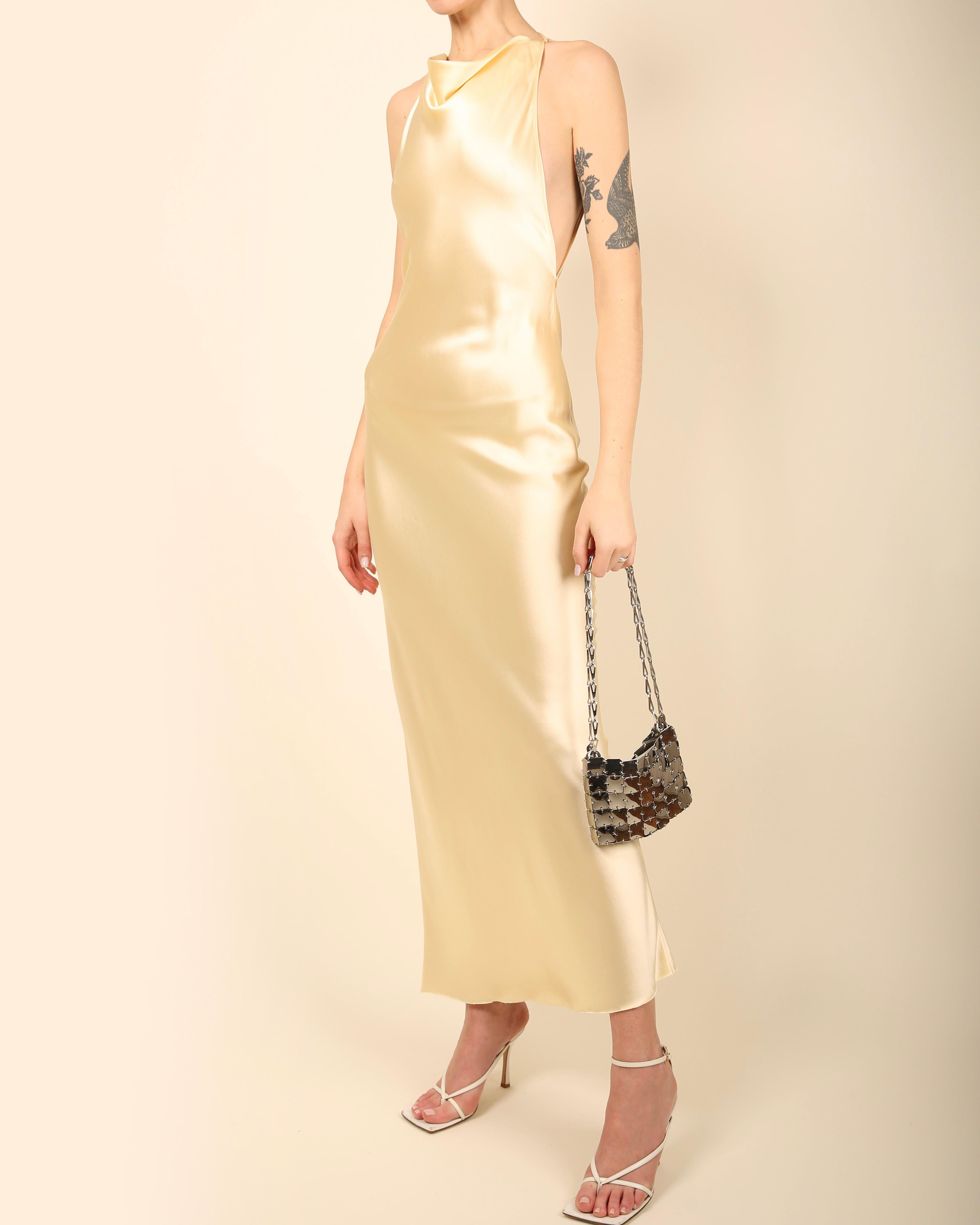 Women's Bevza satin silk floor length backless halter neck maxi yellow slip dress gown