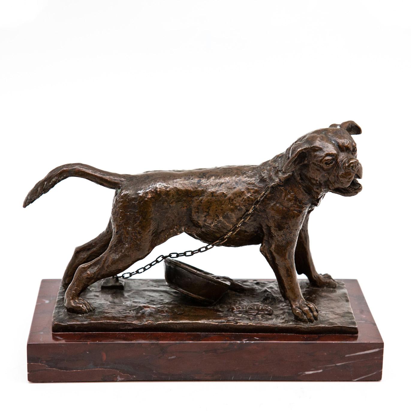 19th century French bronze sculpture of dog on chain. Sculpture is mounted on red marble base. Piece has original patina with gentle wear. Sculpted by Christophe Fratin (1801-1864) and cast by Quesnel.