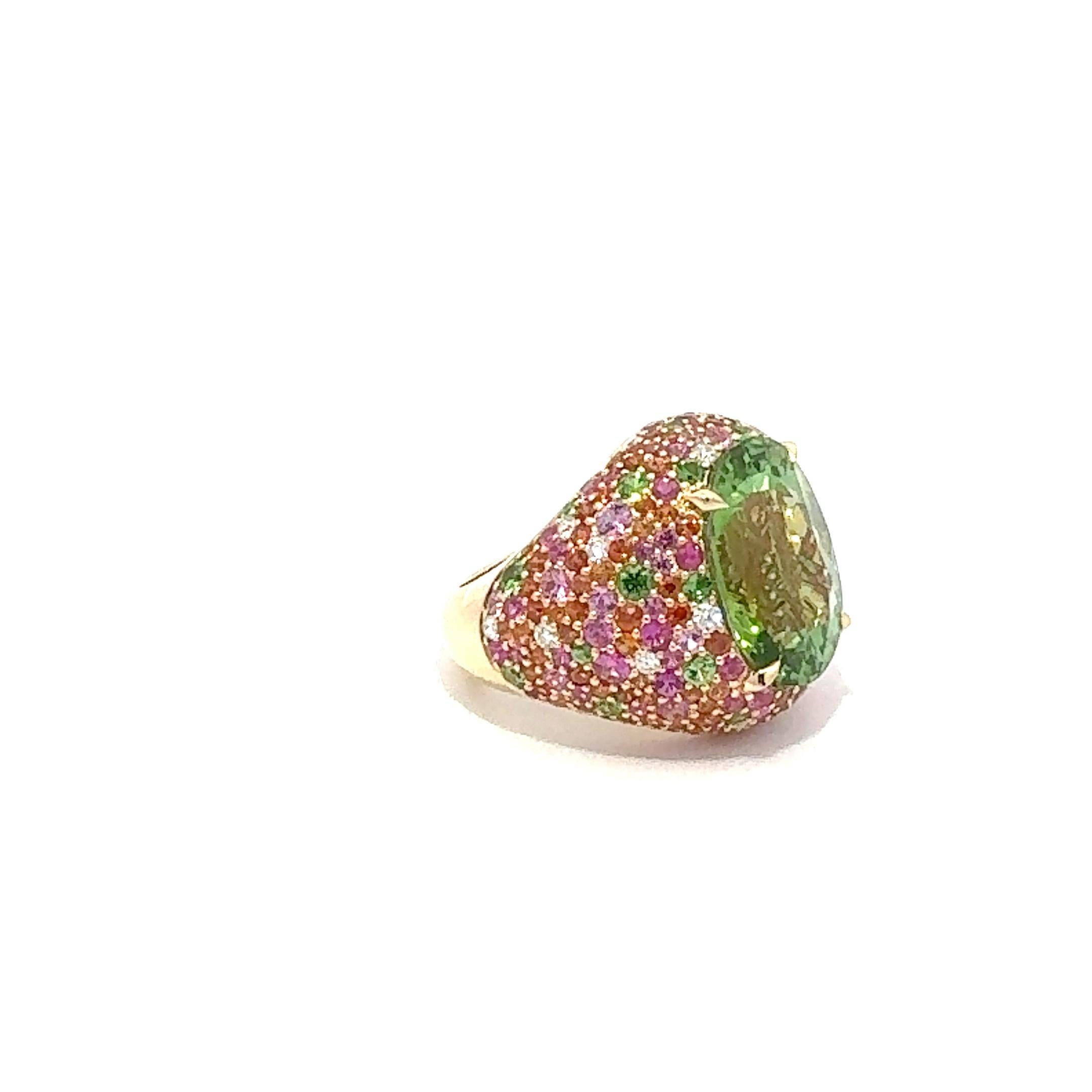 Ring

Yellow 18K Gold

Pink Sapphire 2.90 ct
Diamonds 0.40 ct
Green tourmaline 14.83 ct
Orange Sapphire 2.71 ct
Tsavorites 0.96 ct

Weight 16 grams


It is our honour to create fine jewelry, and it’s for that reason that we choose to only work with