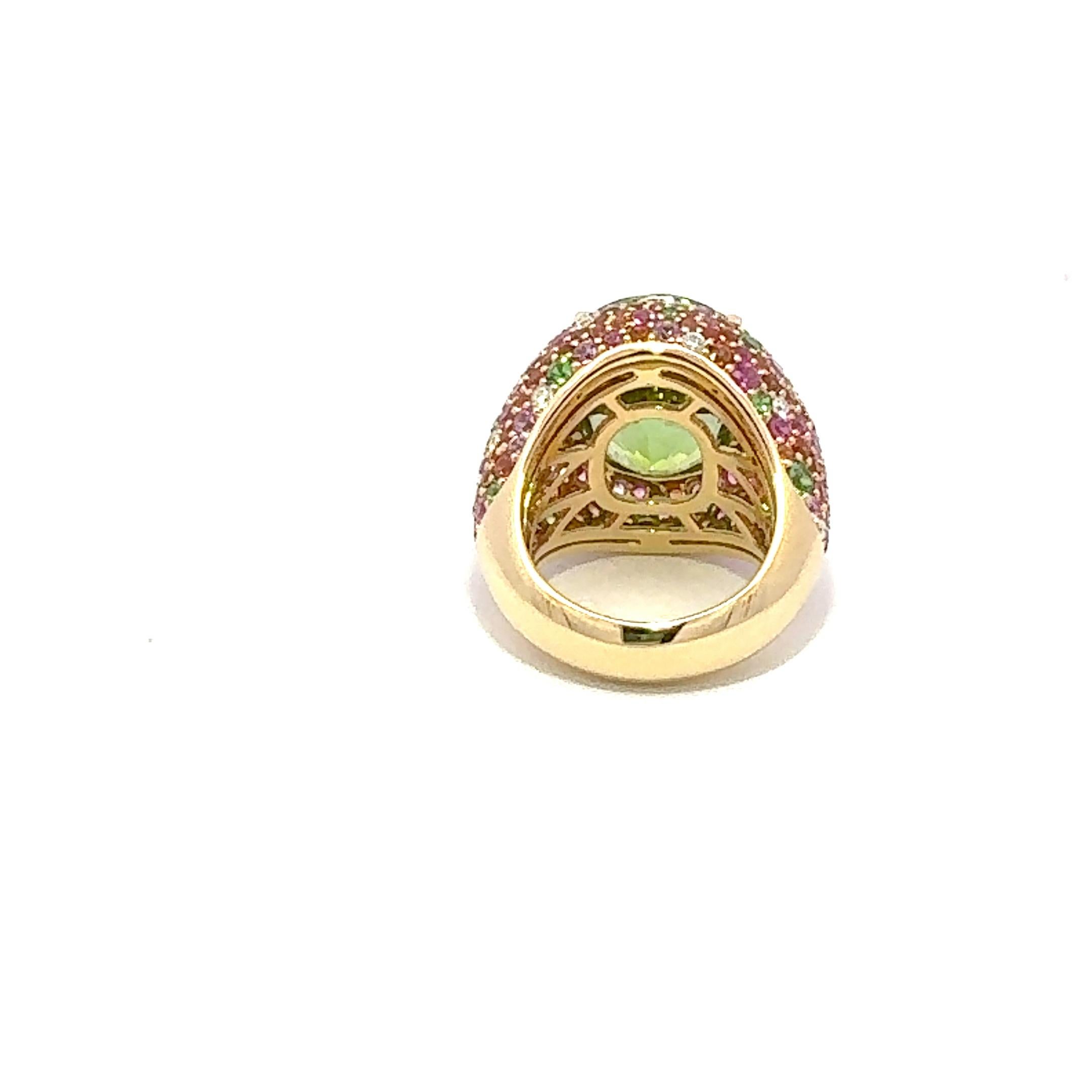 Bewildering Sapphire Tourmaline Tsavorite Yellow 18K Gold Ring For Her For Sale 1