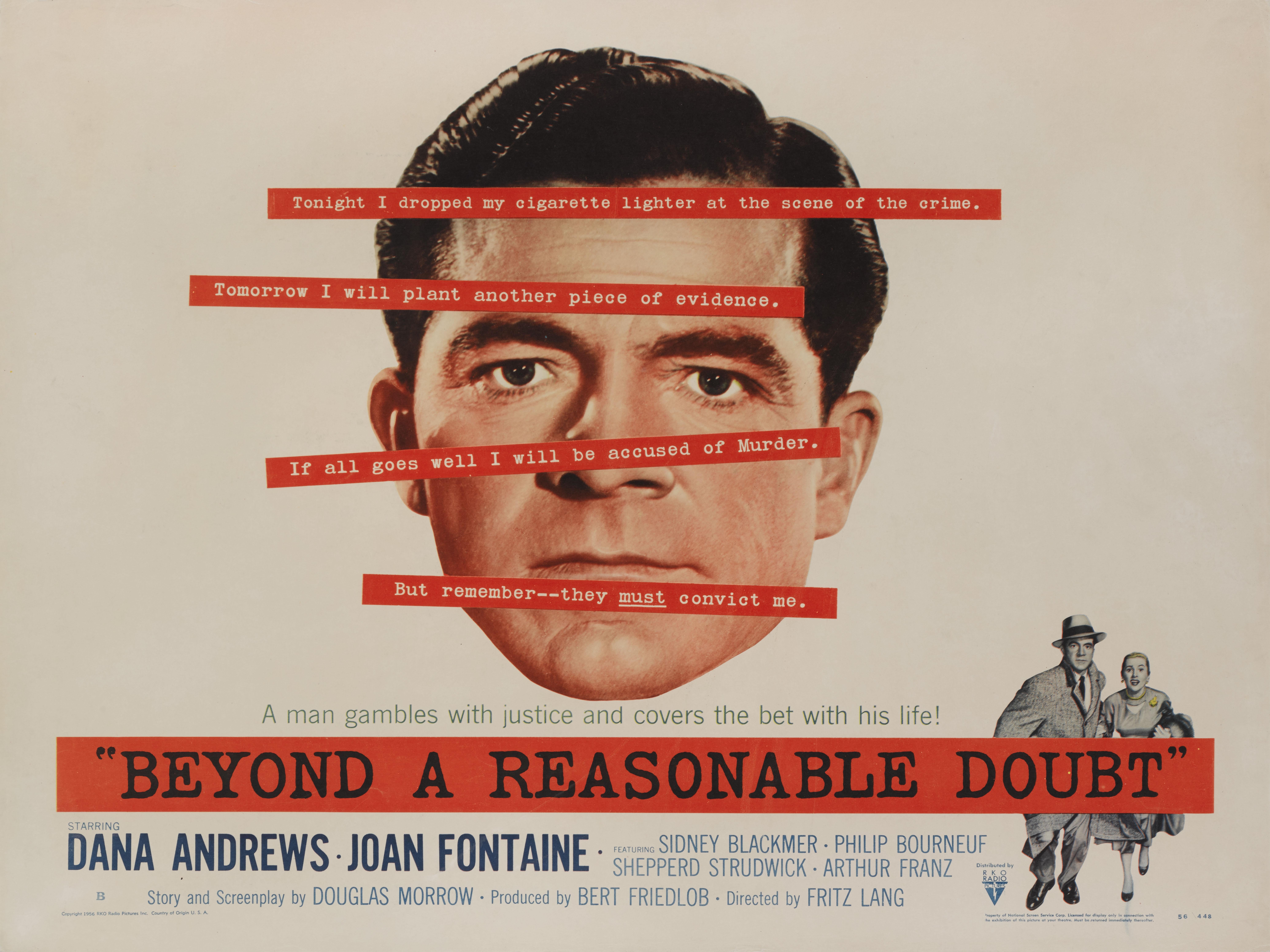 Original US-Stil B-Filmplakat für den Film Noir von 1956 mit Dana Andrews und Jane Fontaine und Sidney Blackmer in den Hauptrollen. Die Regie bei diesem Film führte Fritz Lang.
Dieses Poster ist ungefaltet und mit Schutzpapier hinterlegt. Es wird