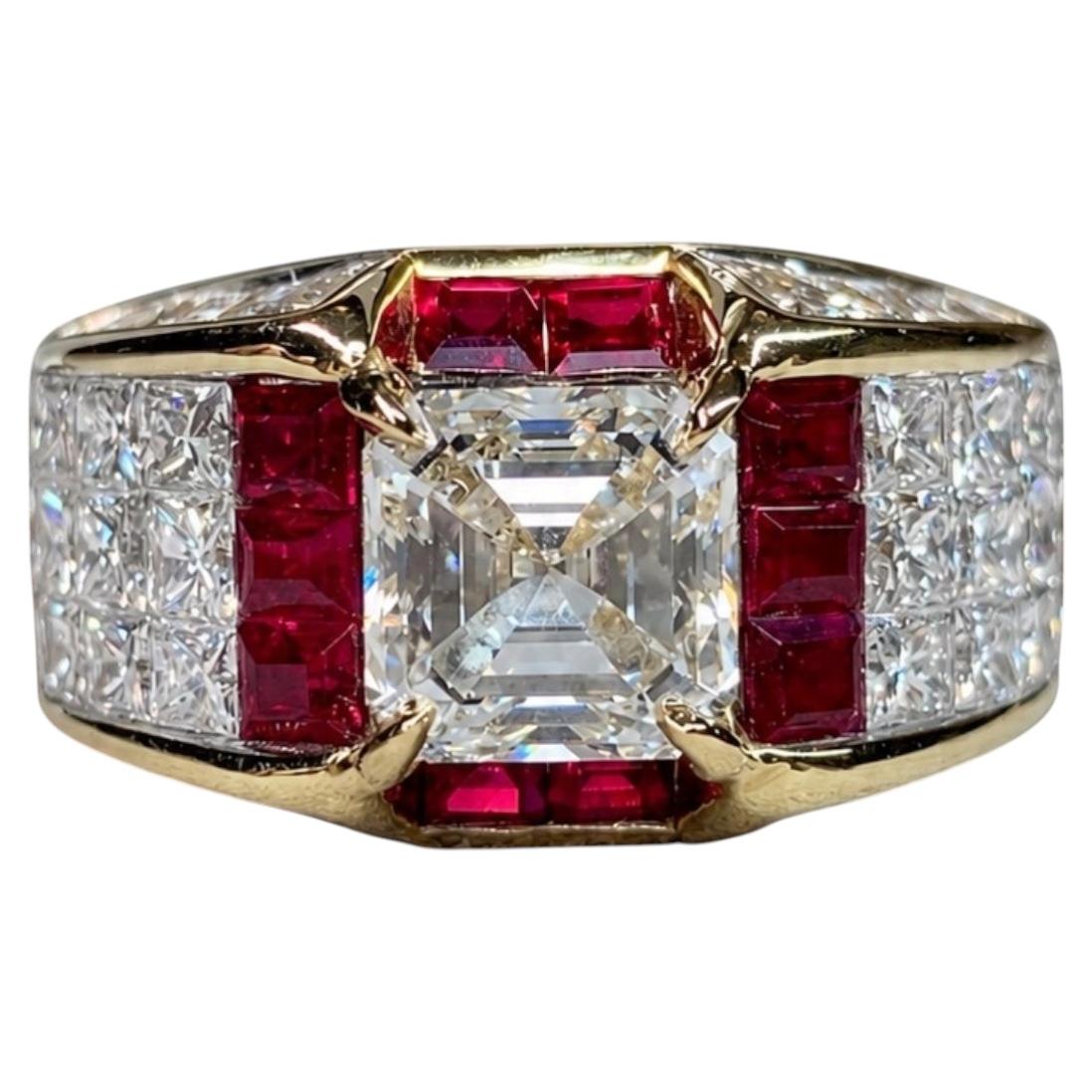 Bez Ambar 18K 2.41ct GIA Asscher Quadrillion Diamond Vivid Ruby Ring 8.91ctw For Sale