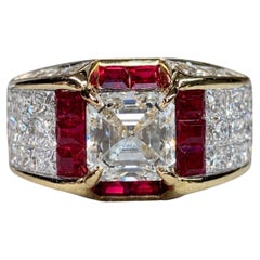 Anello con diamante Asscher Quadrillion da 2,41 carati certificato GIA, rubino vivido e oro bianco 18 carati, per un totale di 8,91 carati