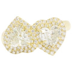 Bez Ambar Dual Heart Shaped Diamonds Set in Yellow Gold with 80 Melee Diamonds