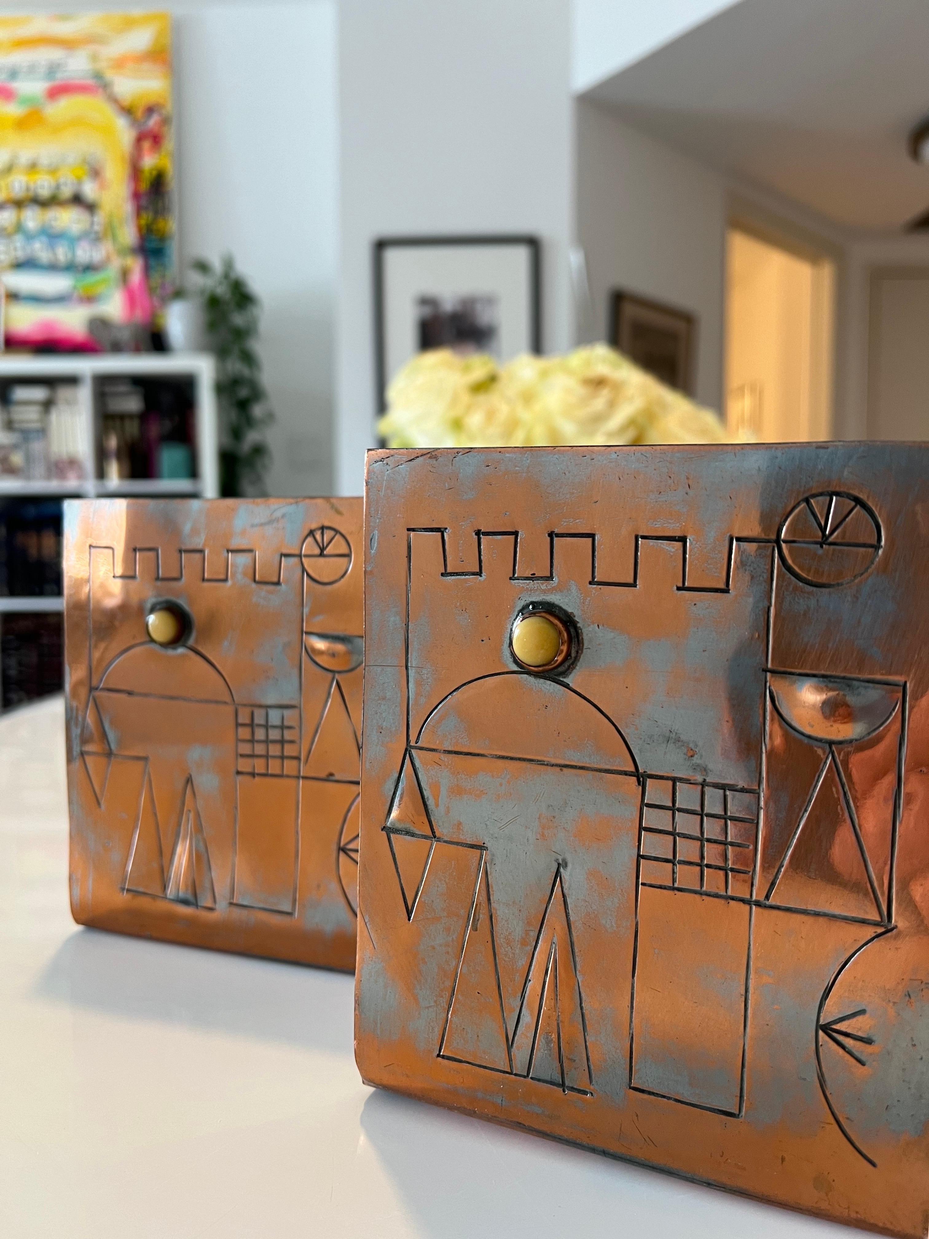 Israeli Mod Arts & Crafts Copper Sculpture Bookends Bezalel Schatz Yaad Studio For Sale 11